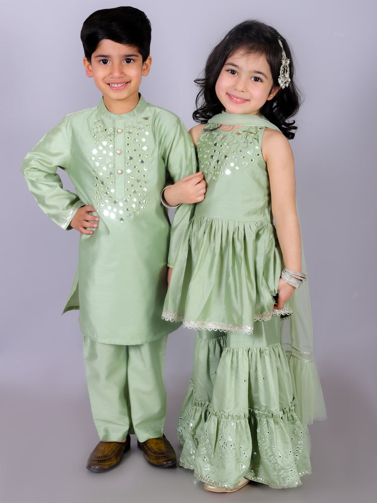 Girl's Ethnic Green Kurta With Sharara And Dupatta Set