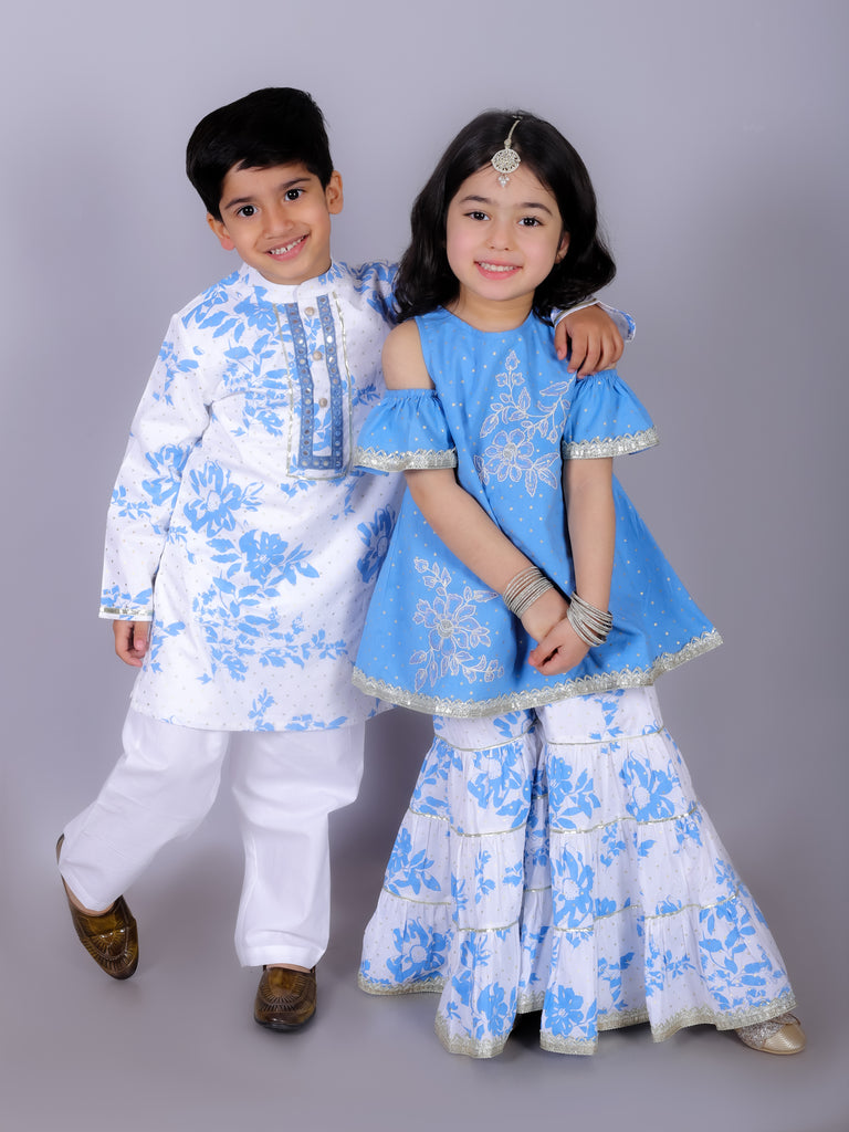 Girl's Ethnic Blue Cotton Kurta With Sharara Set