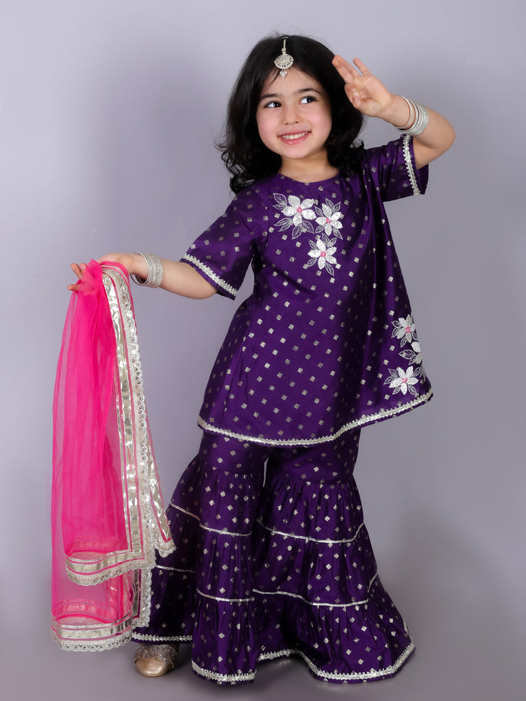 Girl's Ethnic Purple Kurta With Sharara Set