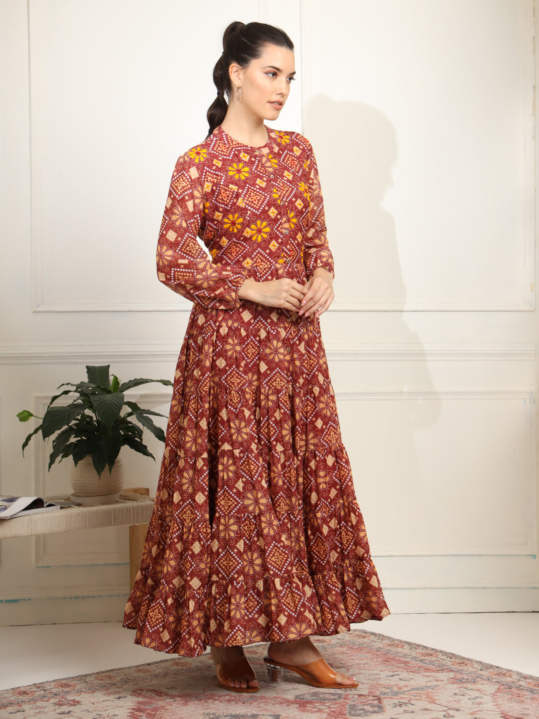 Women's Block Print Orange Color With Chikankari Embroidery Full Length Dress