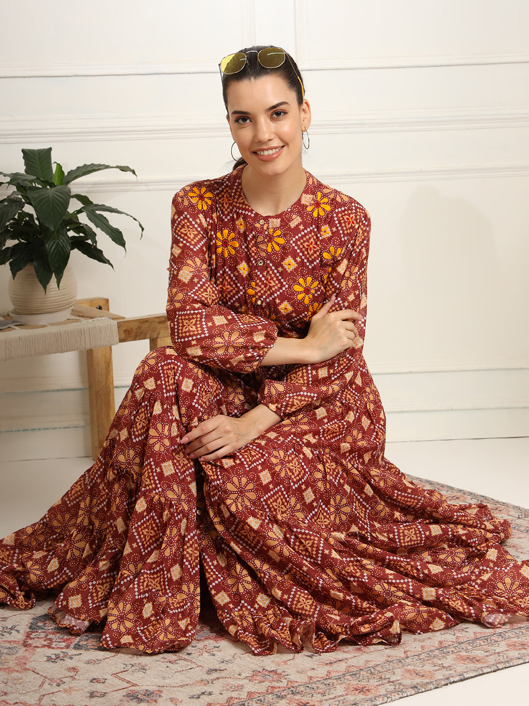 Women's Block Print Orange Color With Chikankari Embroidery Full Length Dress