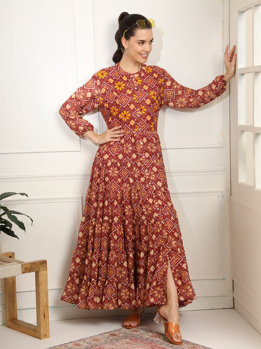 Women's Block Print Orange Color With Chikankari Embroidery Full Length Dress