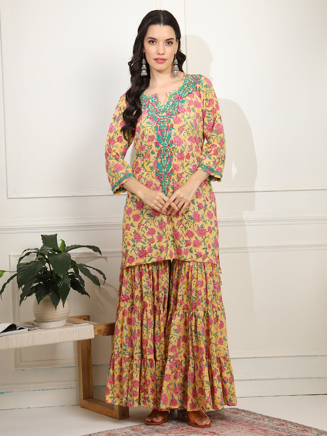 Women's Block Print With Chikankari Kurta And Sharara