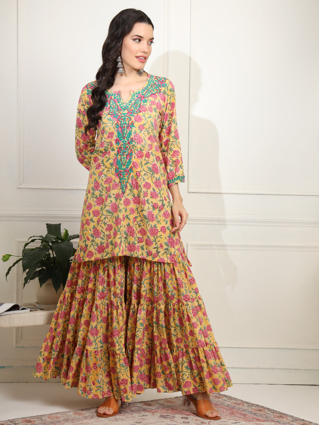 Women's Block Print With Chikankari Kurta And Sharara