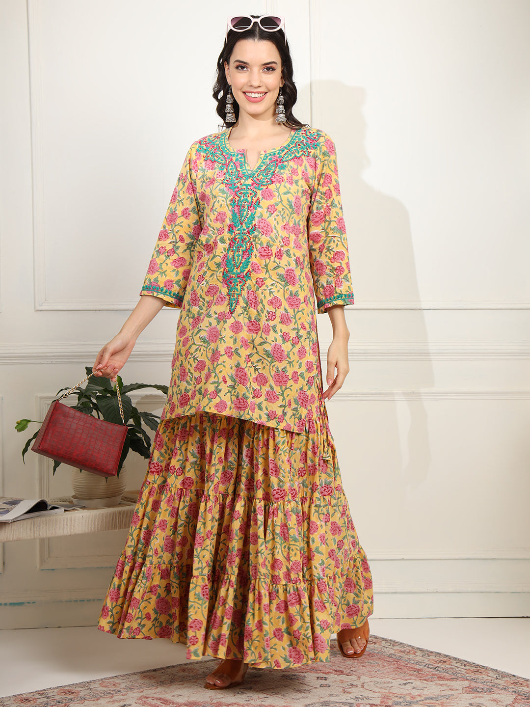 Women's Block Print With Chikankari Kurta And Sharara