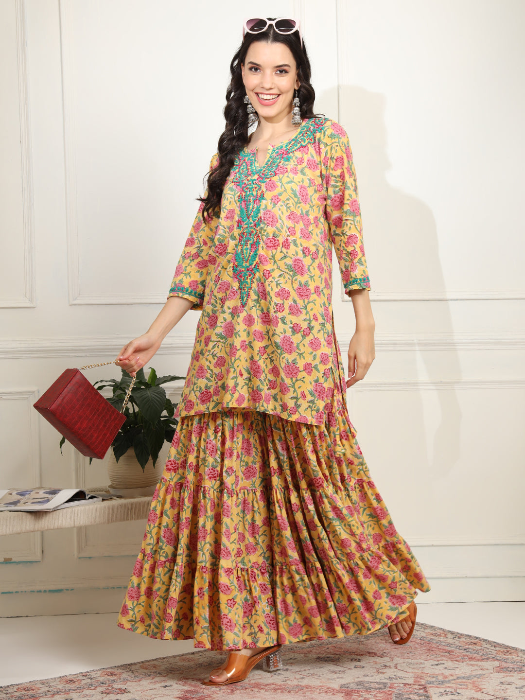Women's Block Print With Chikankari Kurta And Sharara
