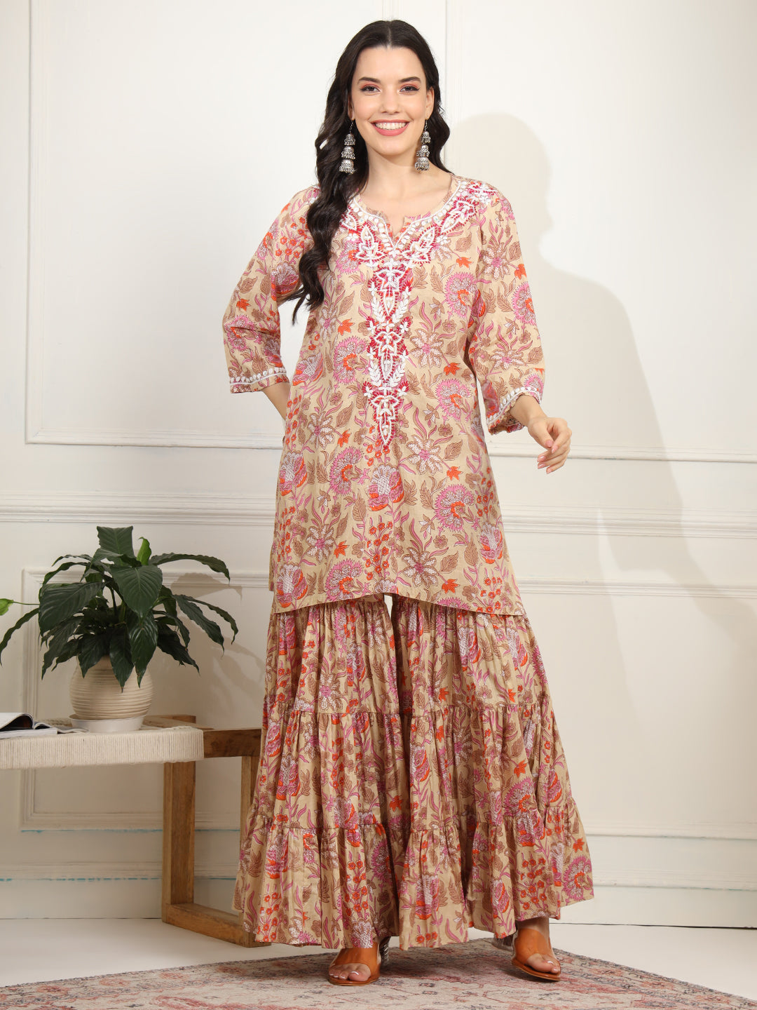 Women's Block Print With Chikankari Kurta And Sharara