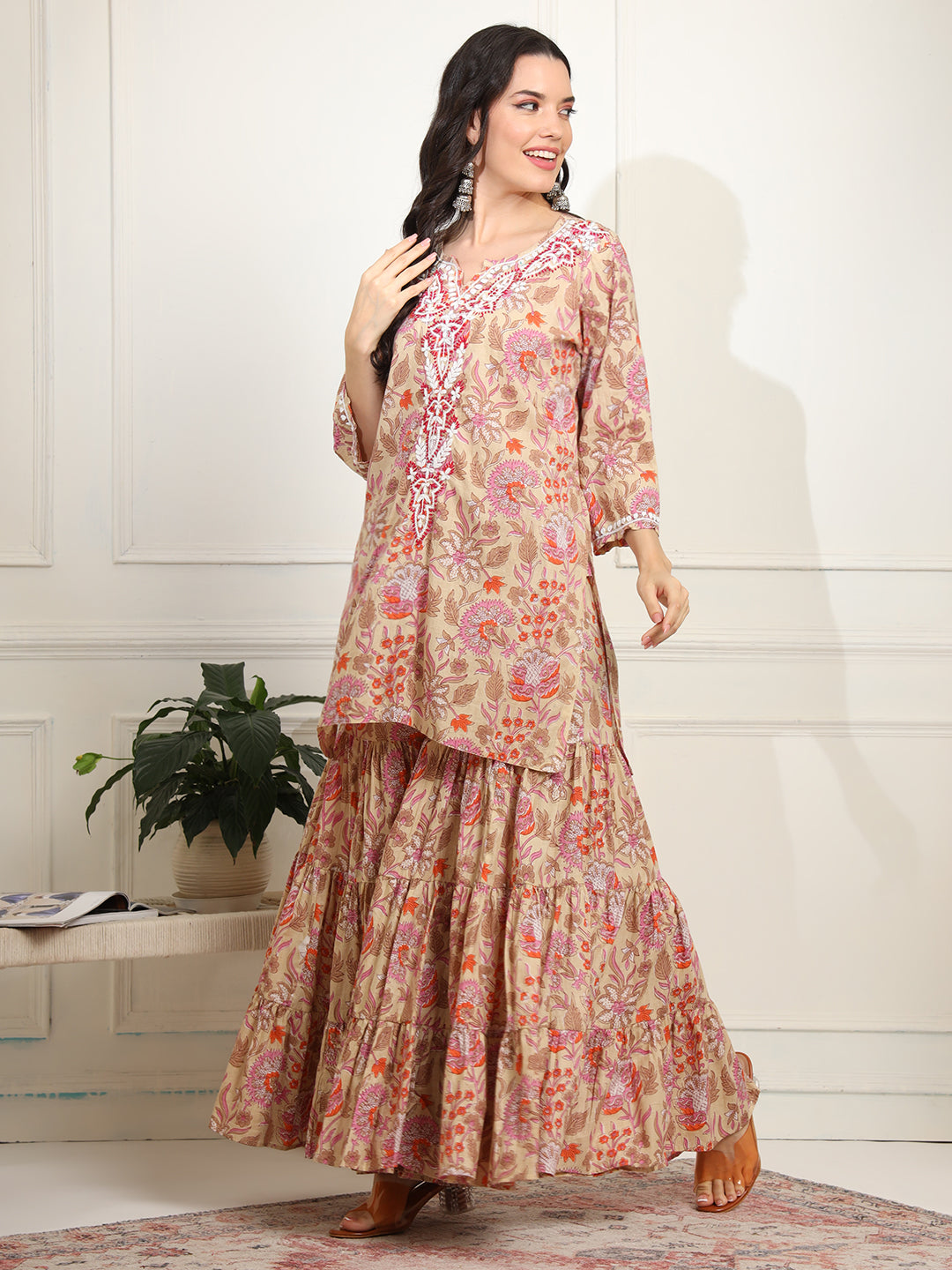 Women's Block Print With Chikankari Kurta And Sharara