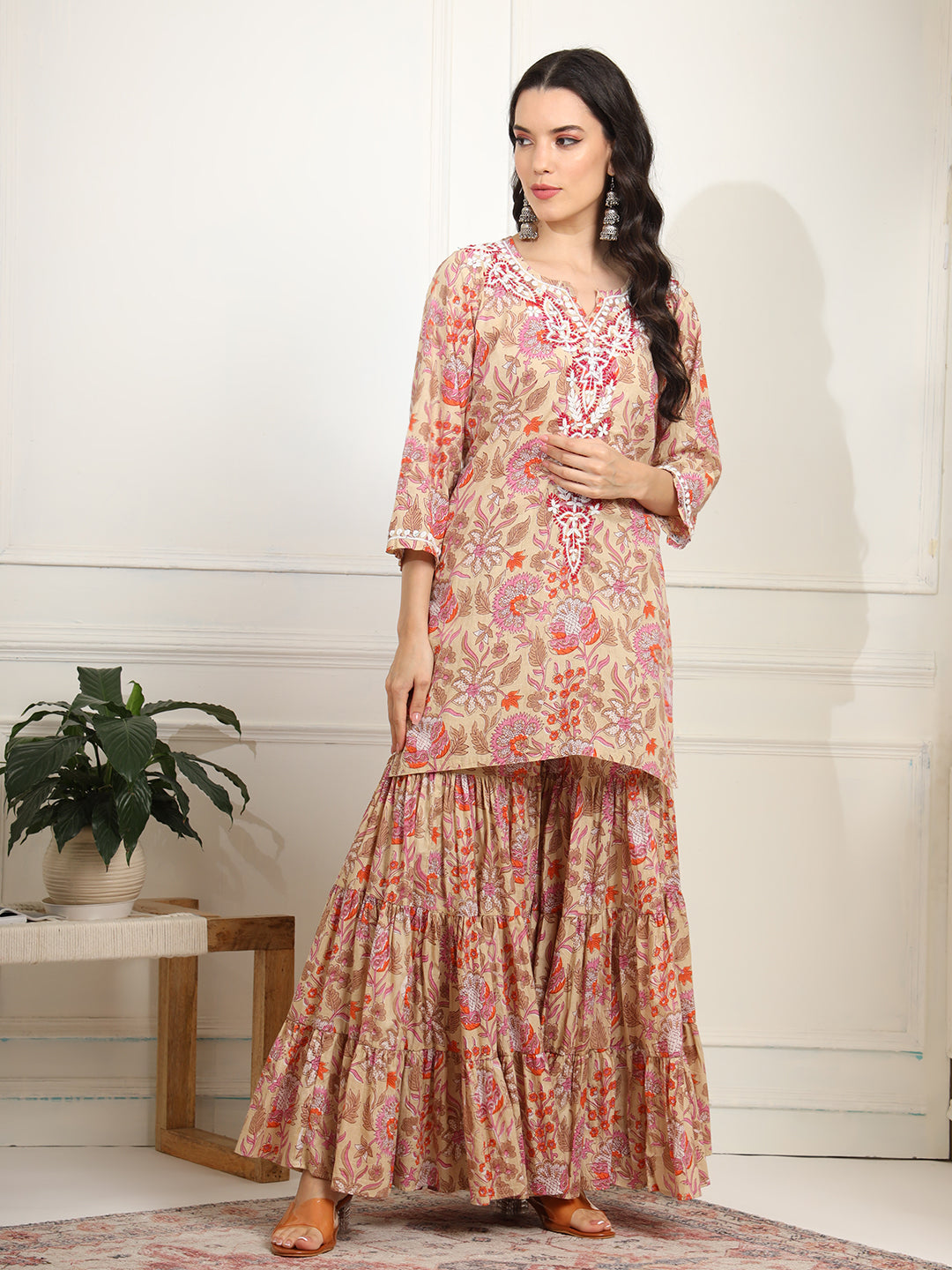 Women's Block Print With Chikankari Kurta And Sharara