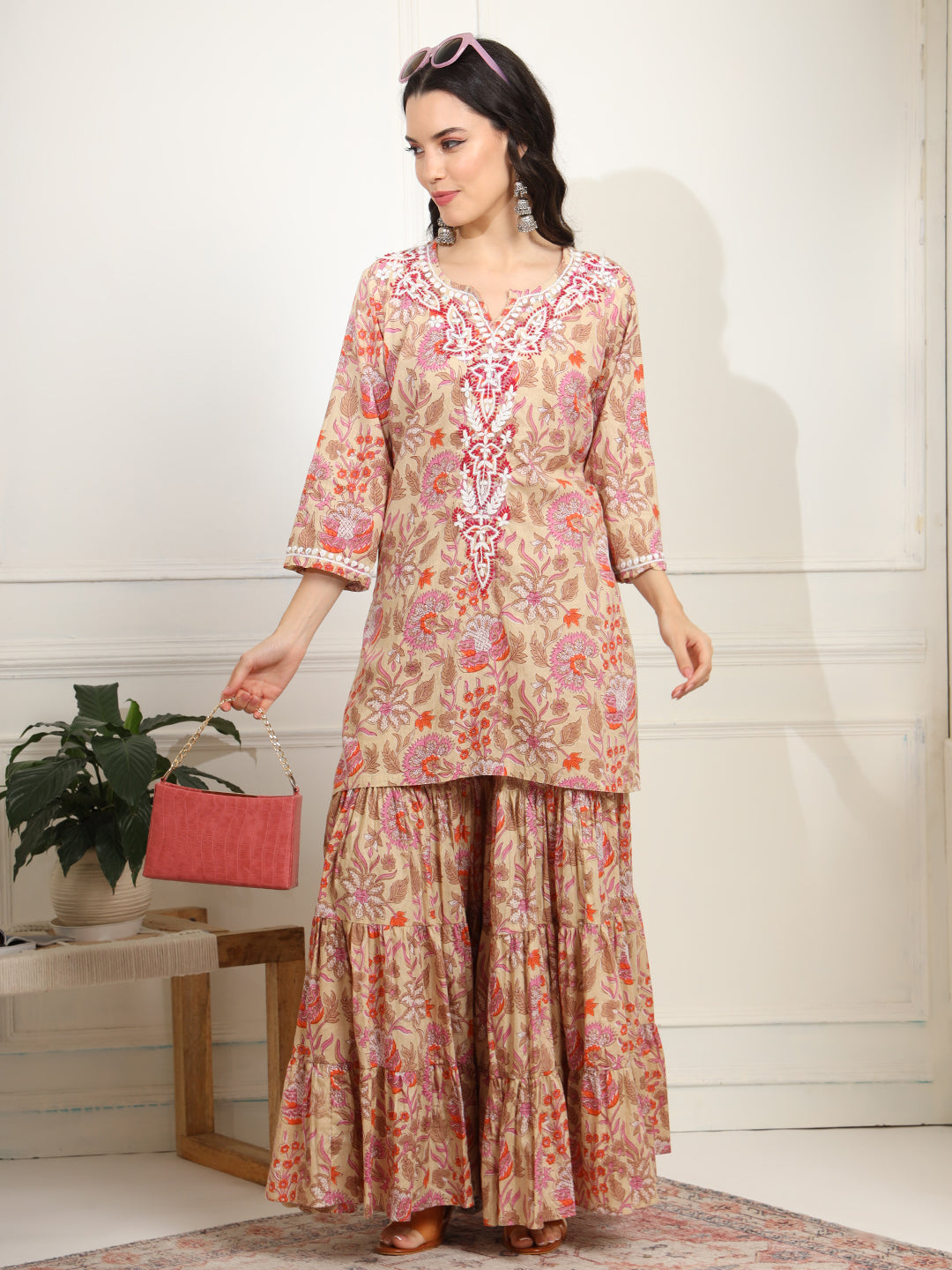Women's Block Print With Chikankari Kurta And Sharara