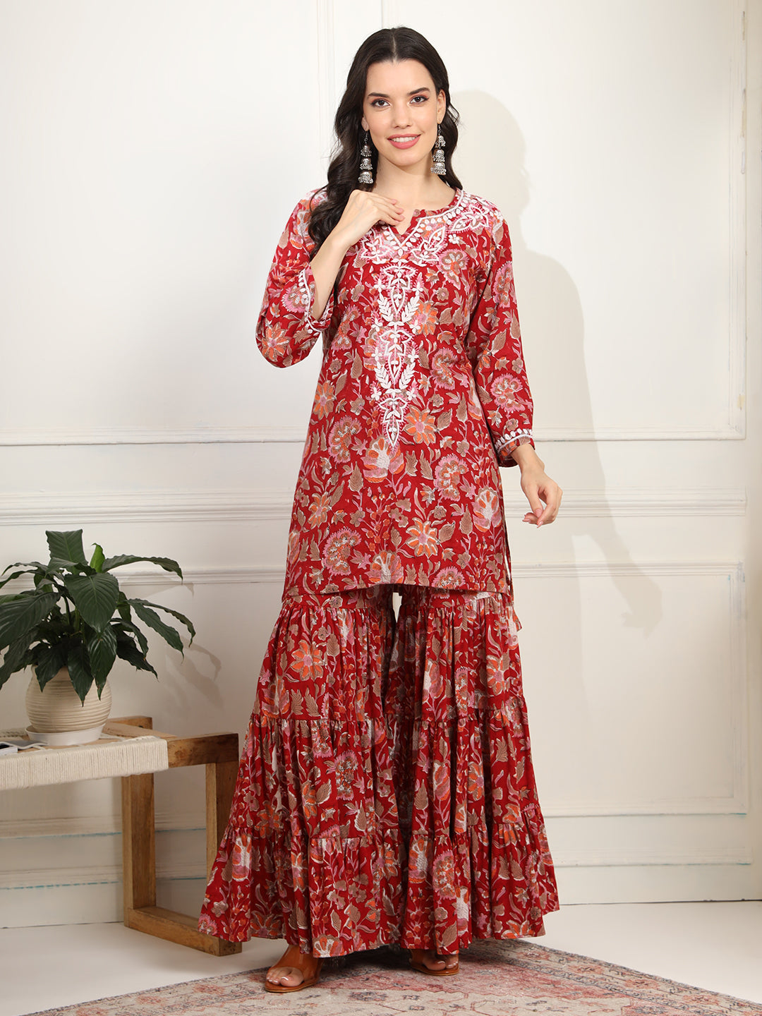 Women's Block Print With Chikankari Kurta And Sharara