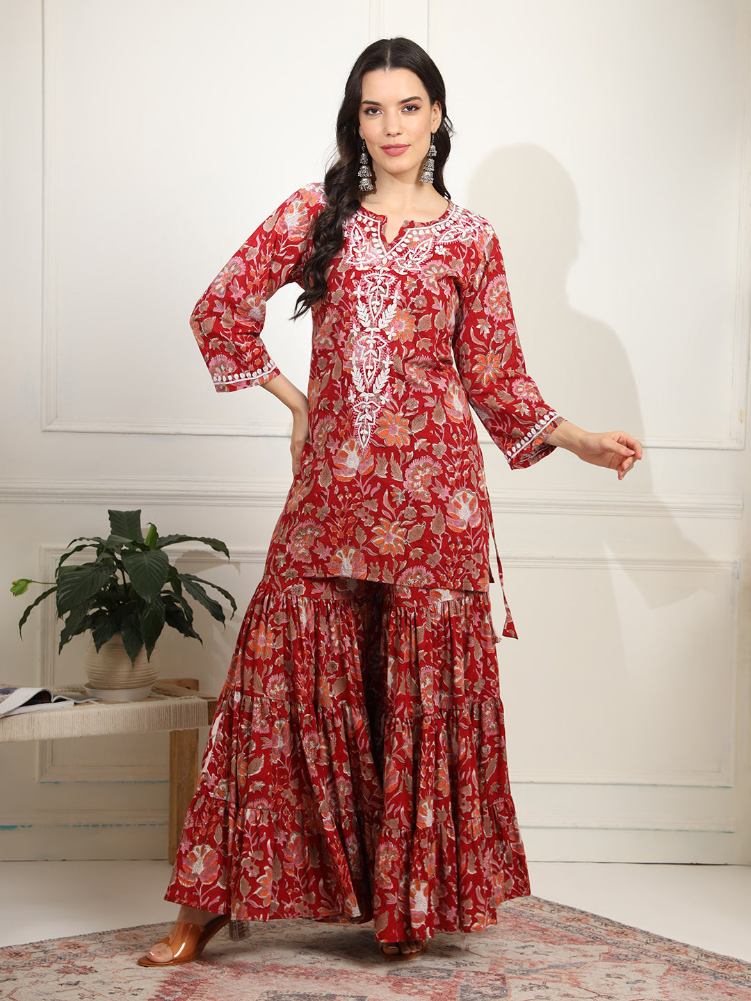 Women's Block Print With Chikankari Kurta And Sharara