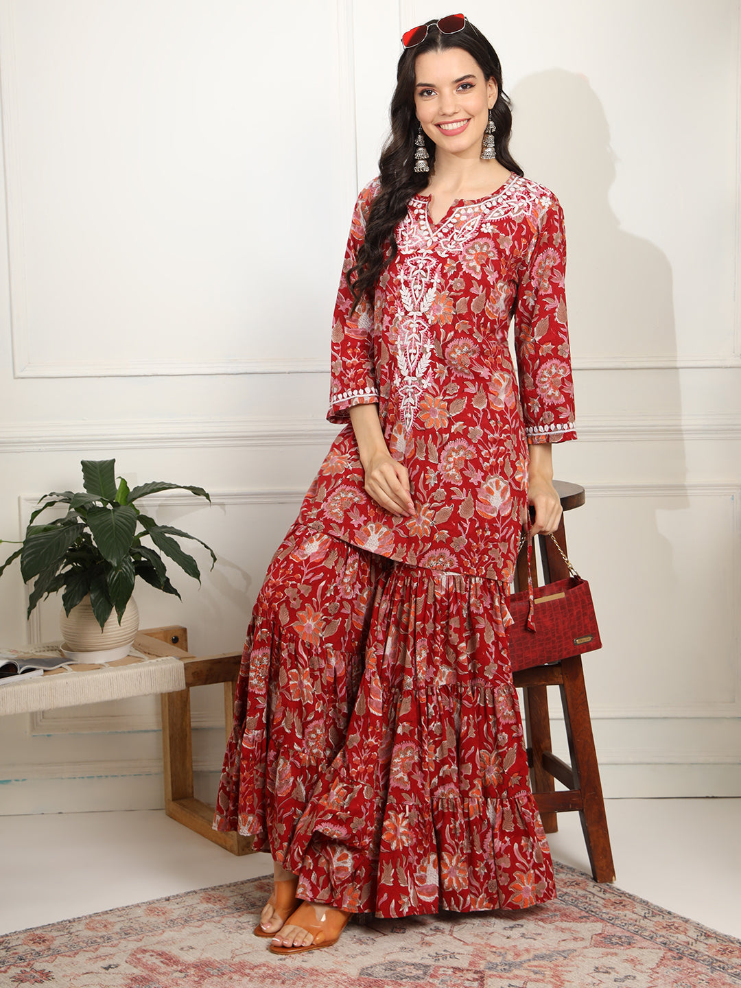 Women's Block Print With Chikankari Kurta And Sharara