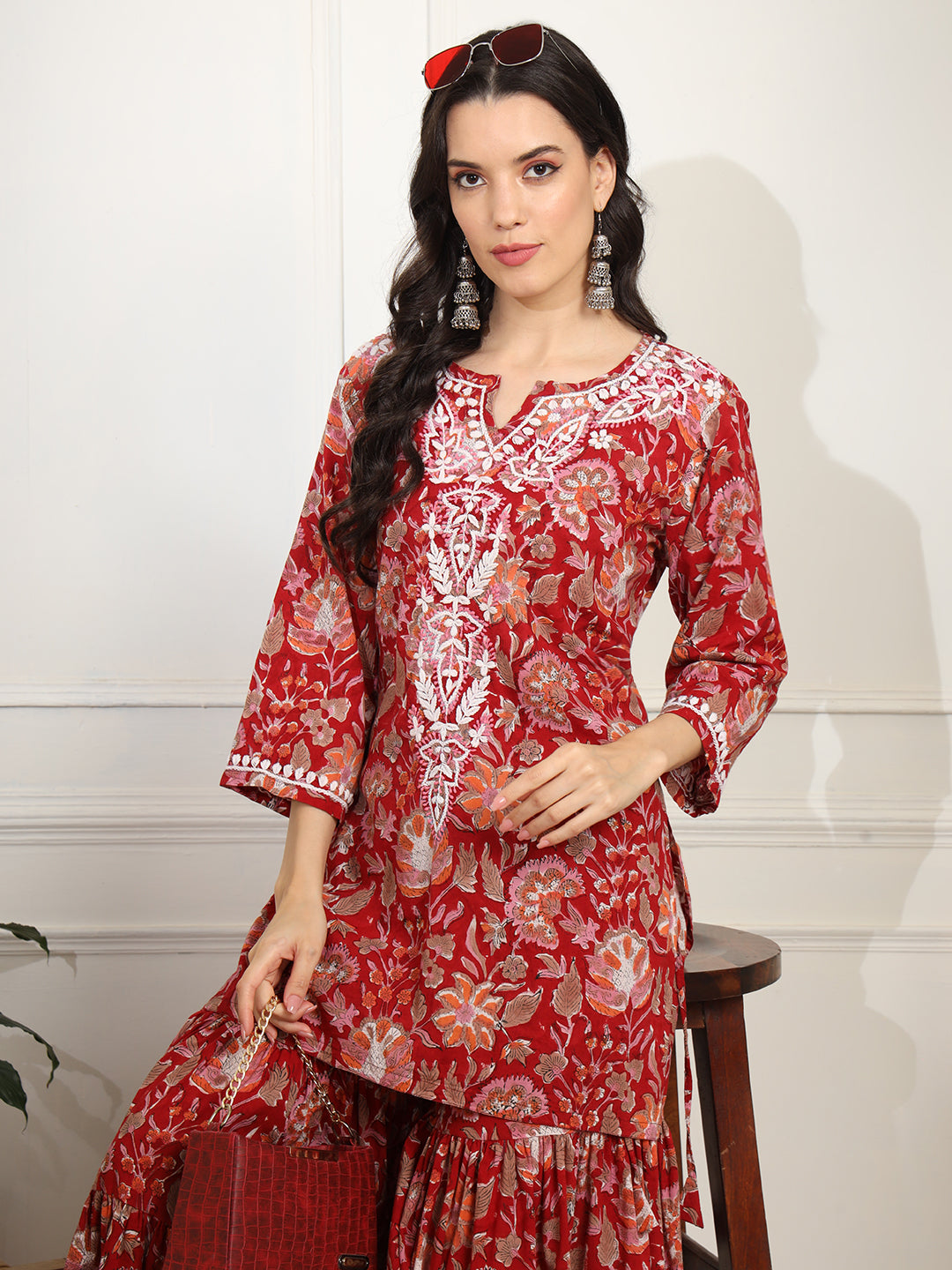Women's Block Print With Chikankari Kurta And Sharara