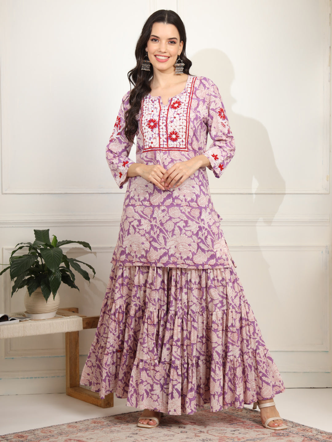 Women's Block Print With Chikankari Kurta And Sharara
