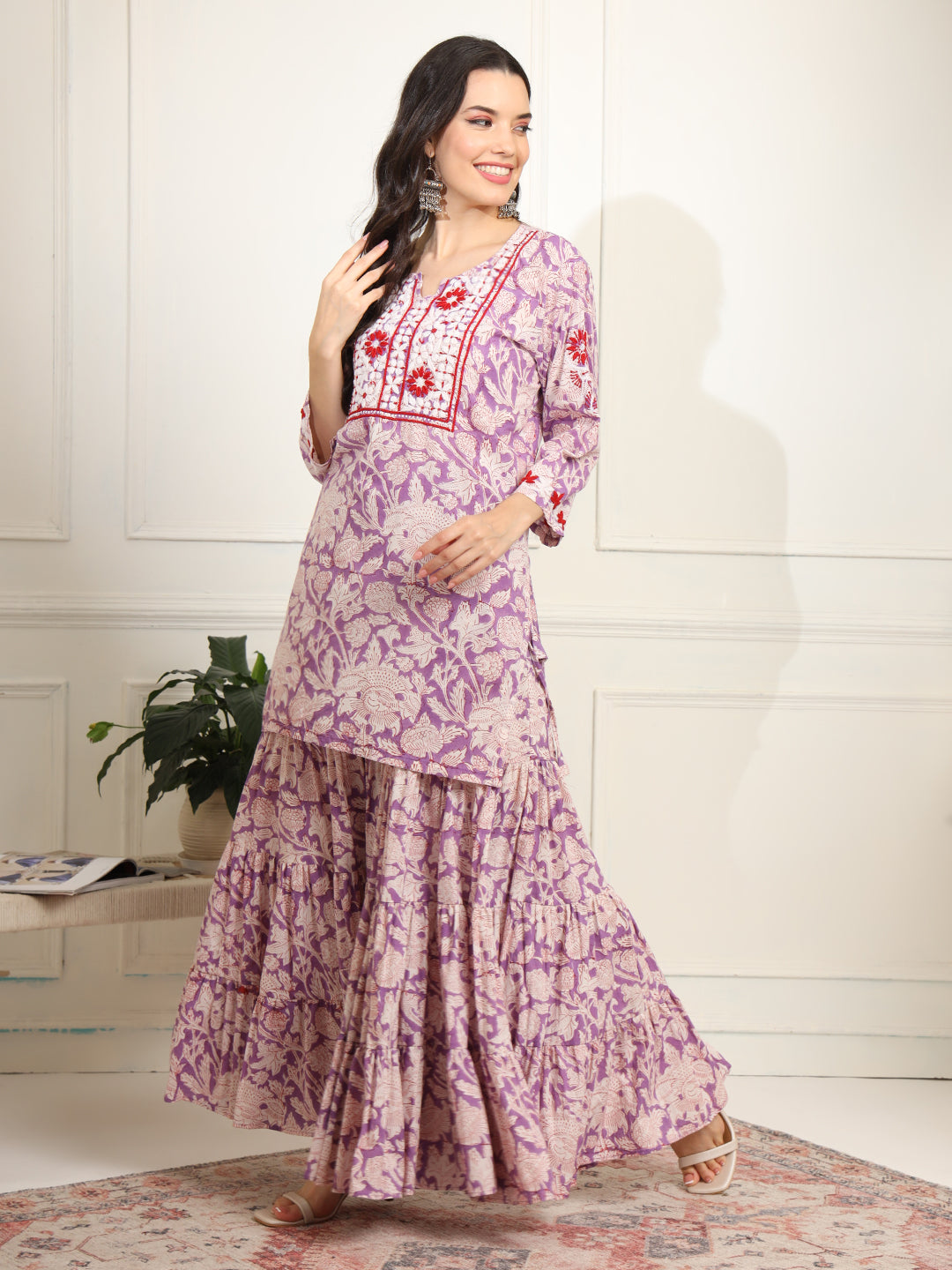 Women's Block Print With Chikankari Kurta And Sharara