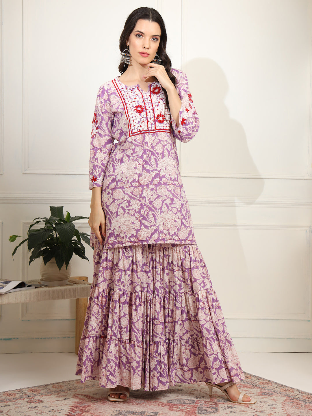 Women's Block Print With Chikankari Kurta And Sharara