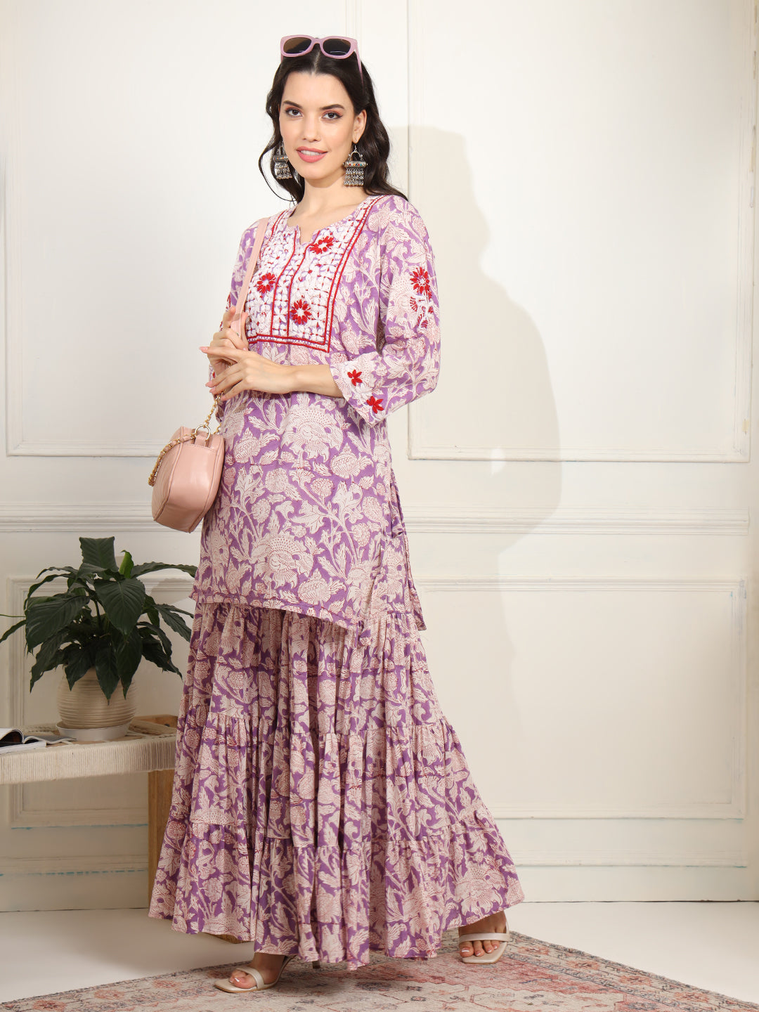Women's Block Print With Chikankari Kurta And Sharara