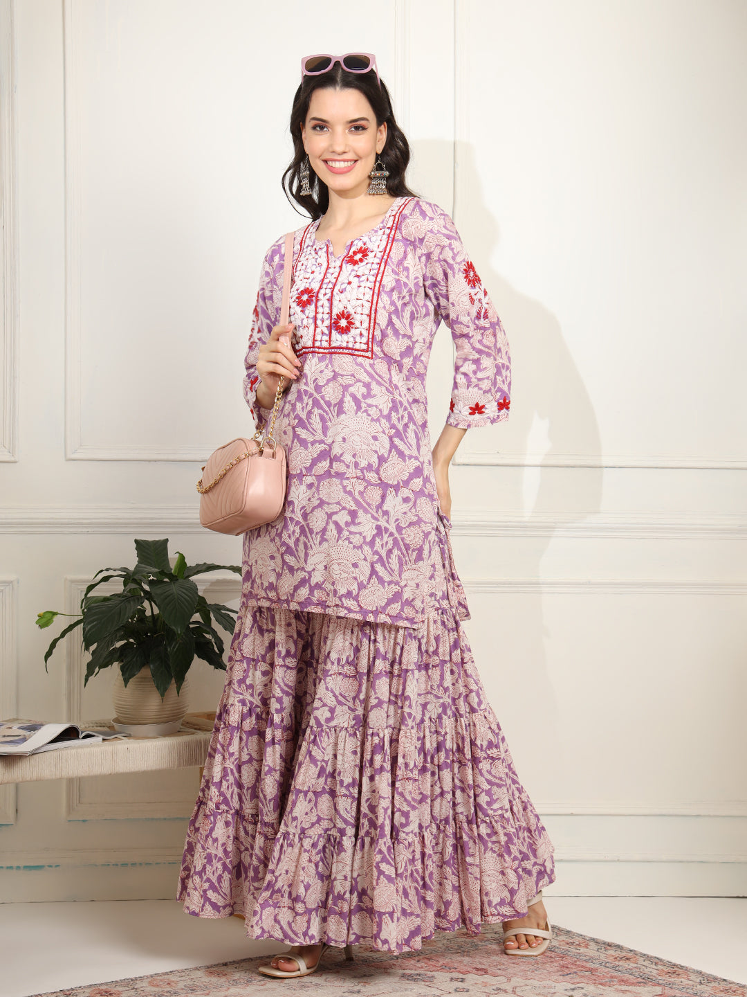 Women's Block Print With Chikankari Kurta And Sharara