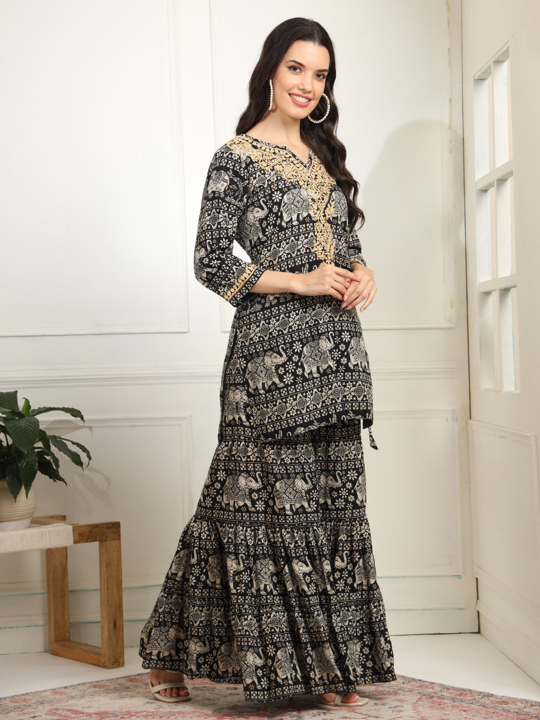 Women's Block Print With Chikankari Kurta And Sharara