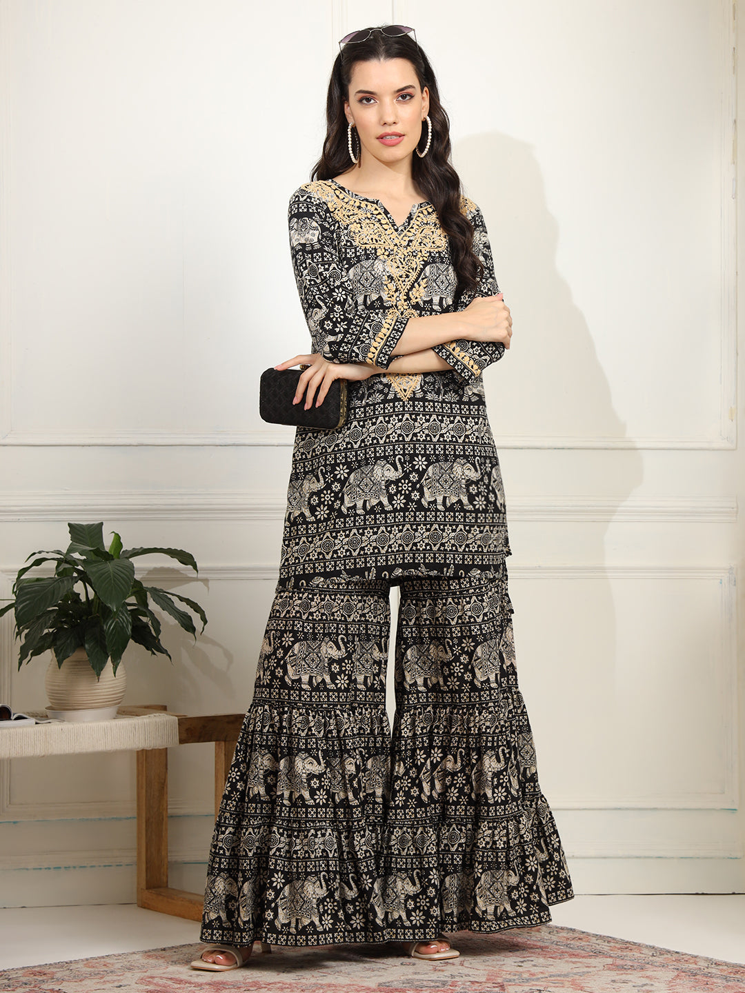 Women's Block Print With Chikankari Kurta And Sharara