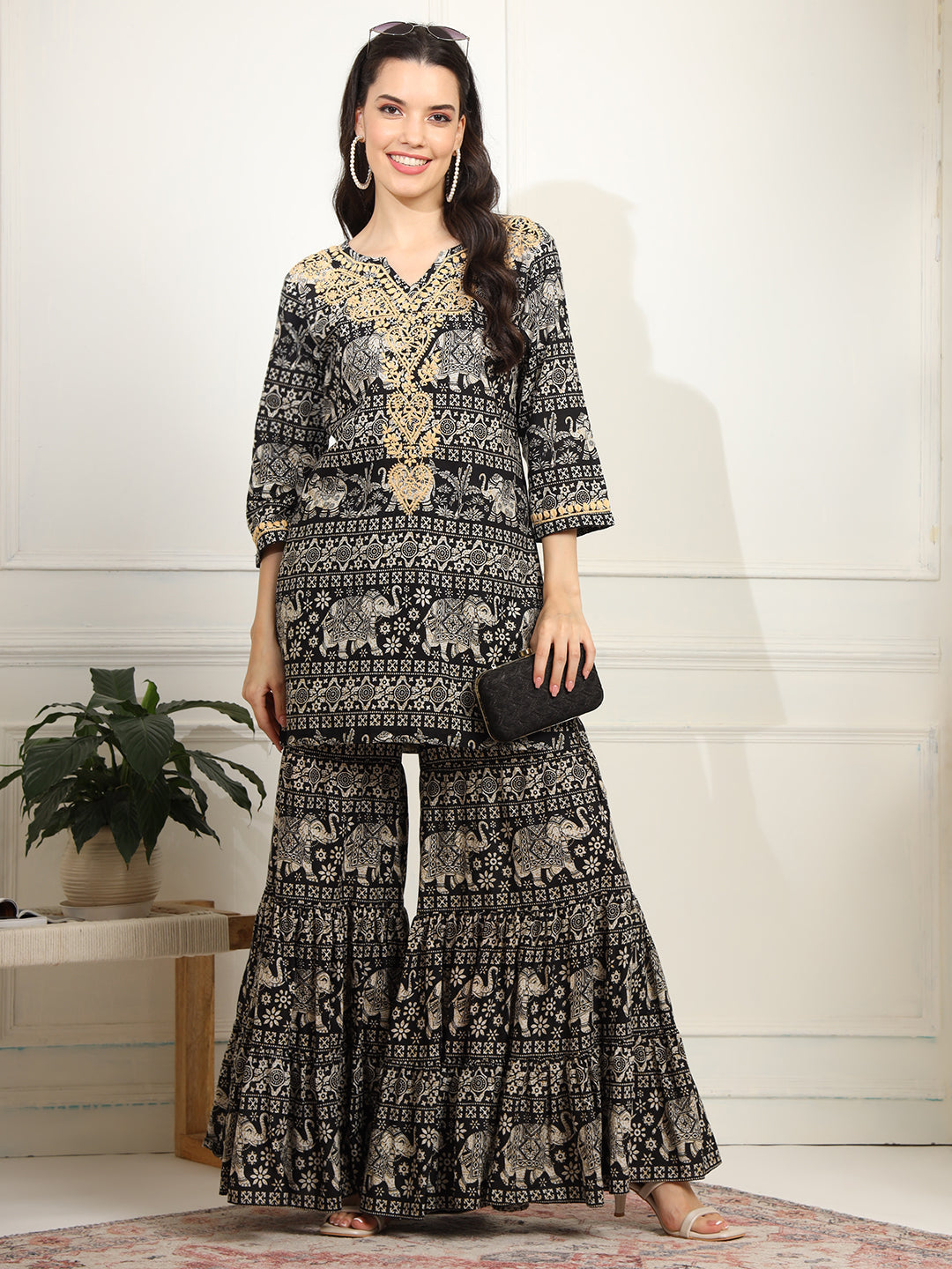 Women's Block Print With Chikankari Kurta And Sharara