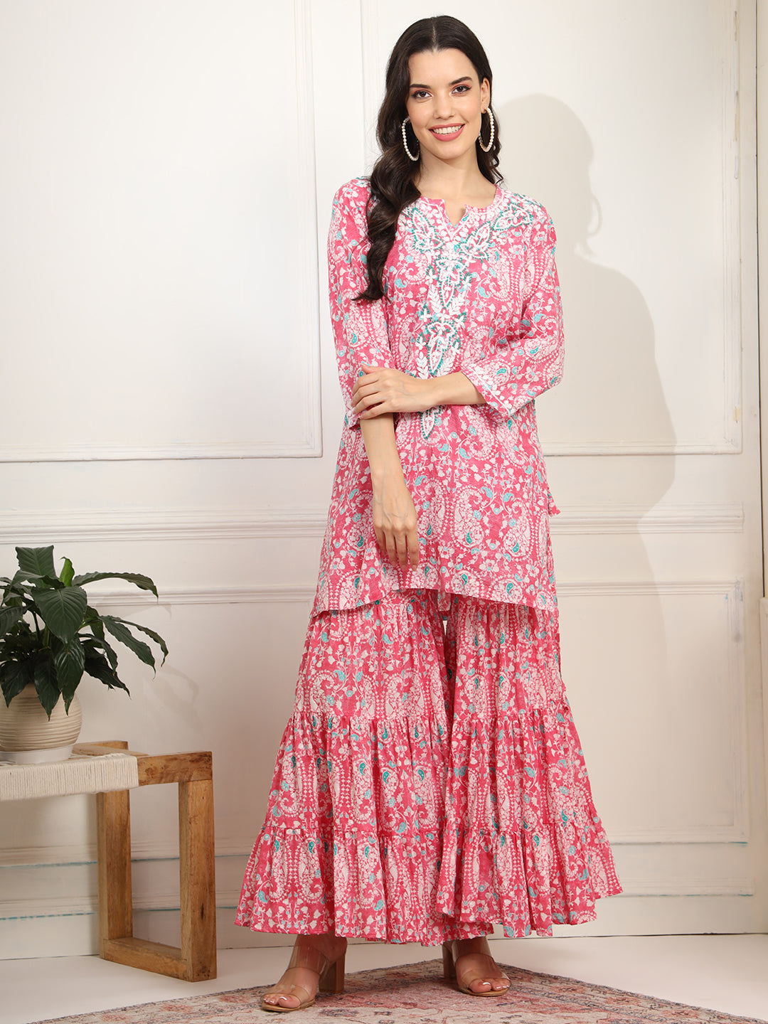 Women's Block Print With Chikankari Kurta And Sharara