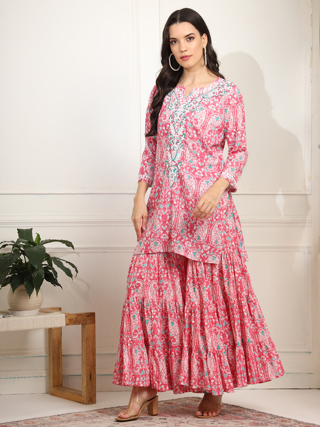 Women's Block Print With Chikankari Kurta And Sharara