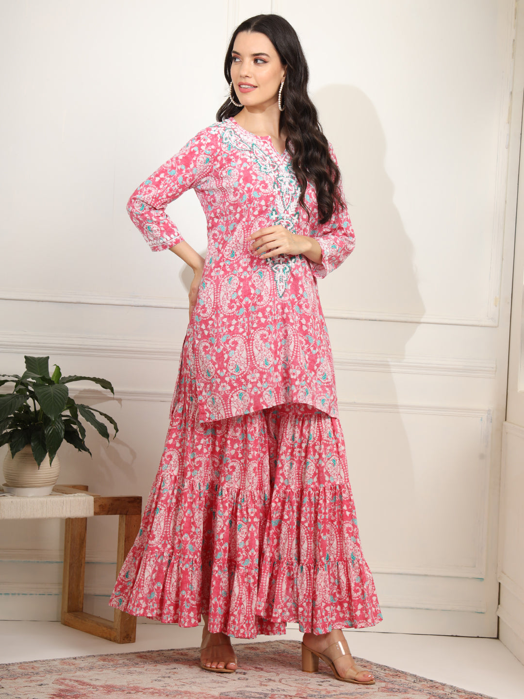 Women's Block Print With Chikankari Kurta And Sharara