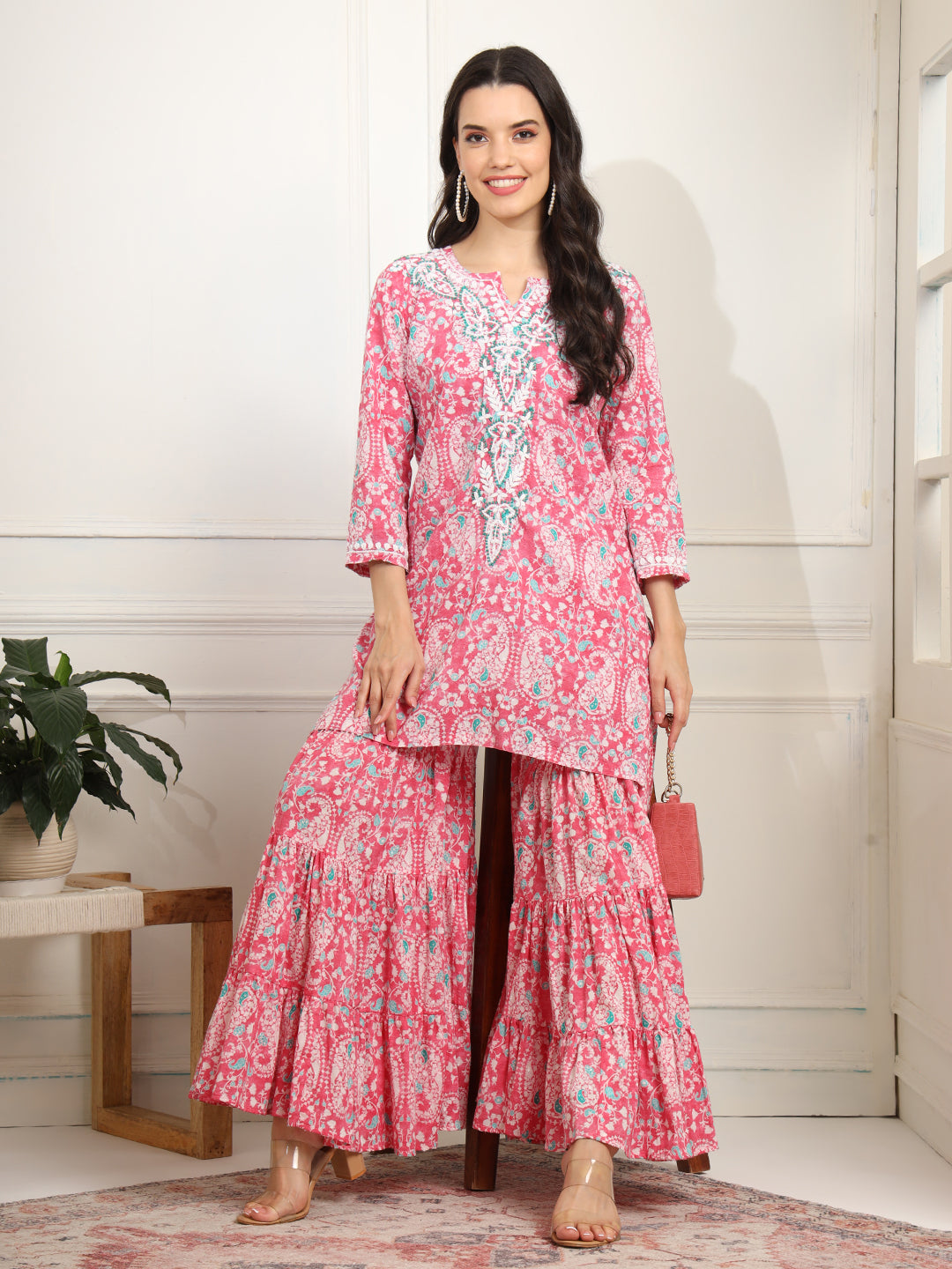 Women's Block Print With Chikankari Kurta And Sharara