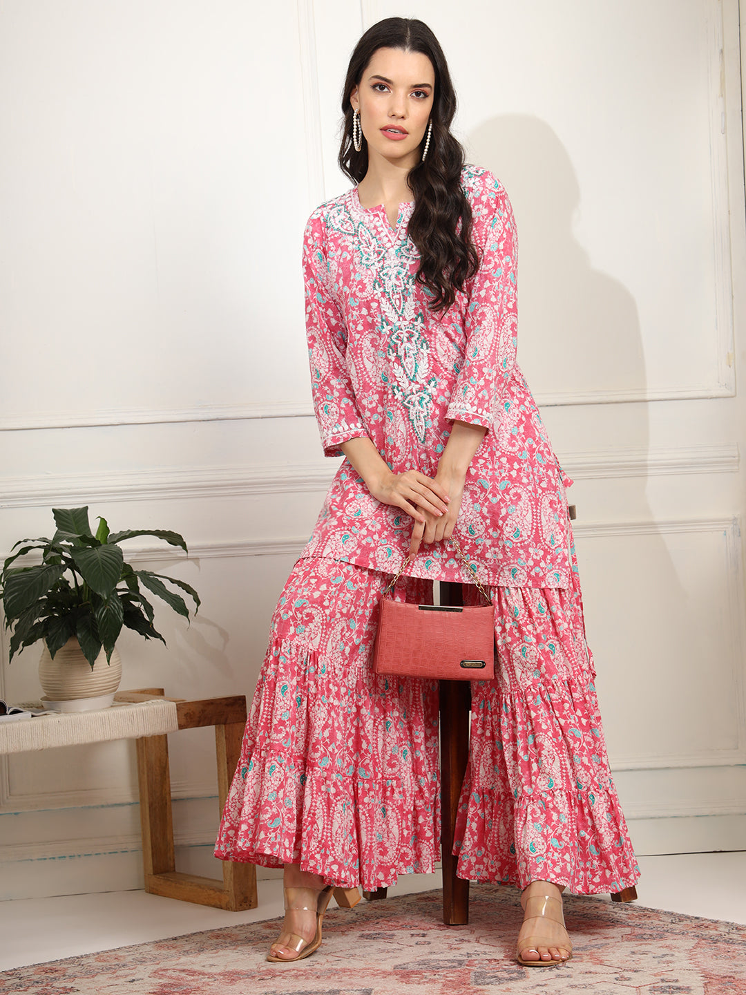 Women's Block Print With Chikankari Kurta And Sharara