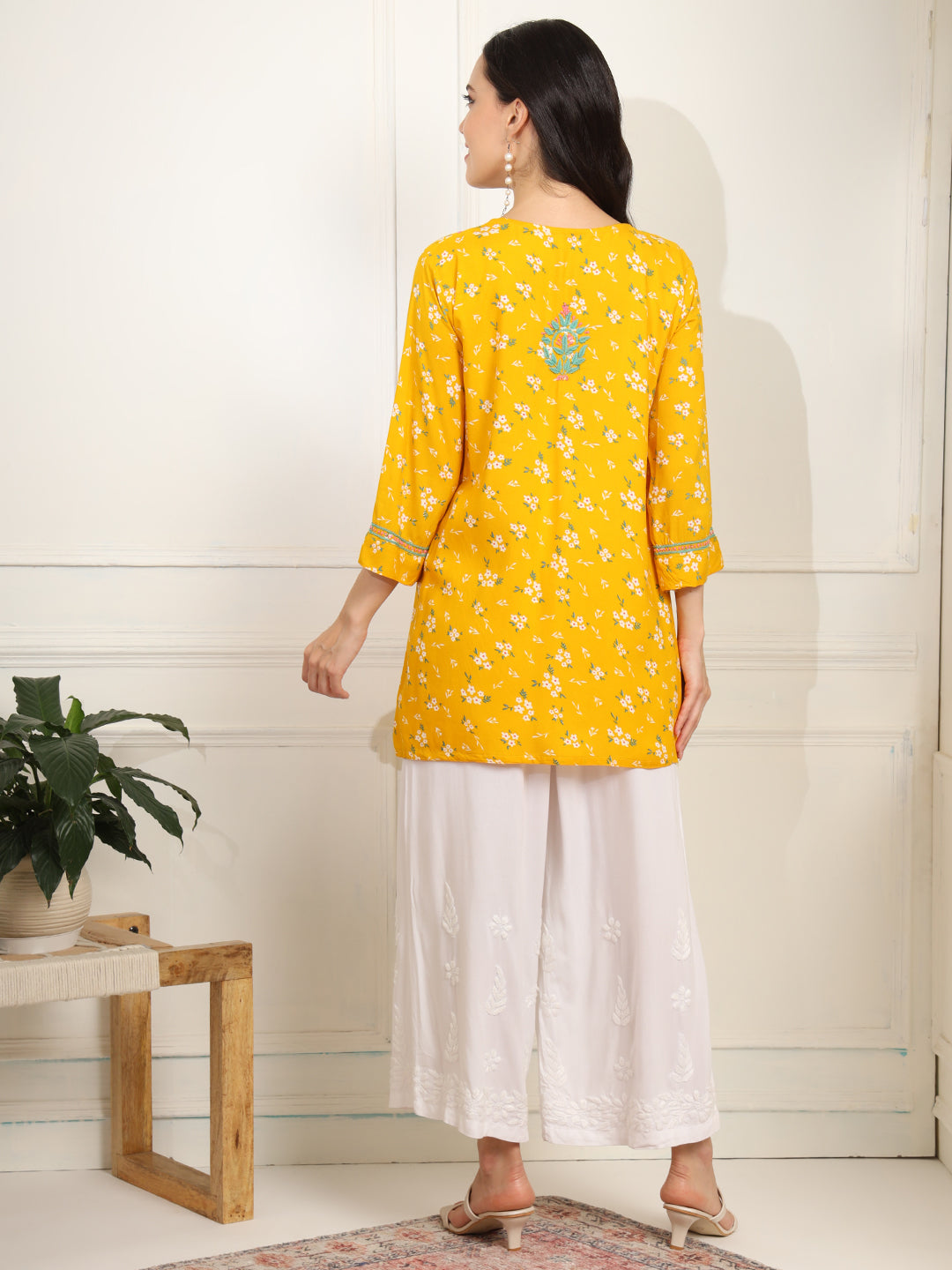 Women's Yellow Color Viscose Cotton Kurta With Multi Color Thread Embroidery