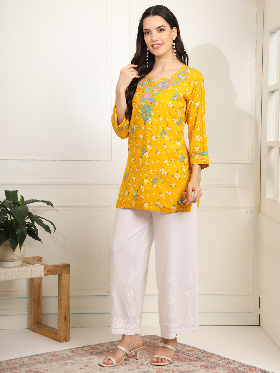 Women's Yellow Color Viscose Cotton Kurta With Multi Color Thread Embroidery