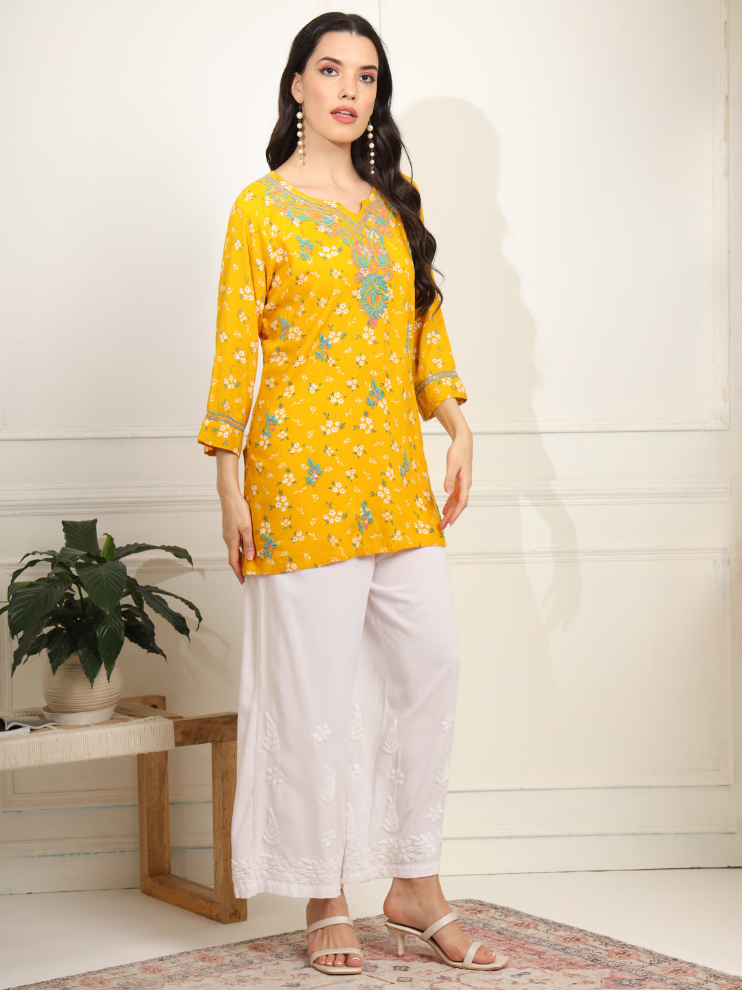 Women's Yellow Color Viscose Cotton Kurta With Multi Color Thread Embroidery