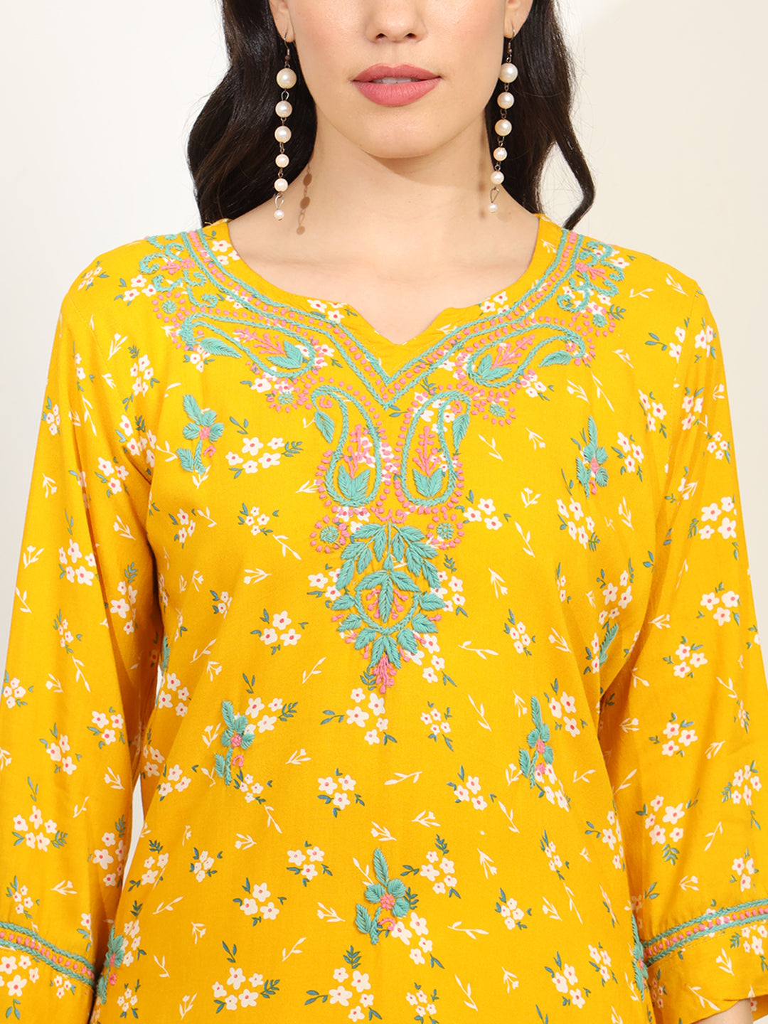 Women's Yellow Color Viscose Cotton Kurta With Multi Color Thread Embroidery