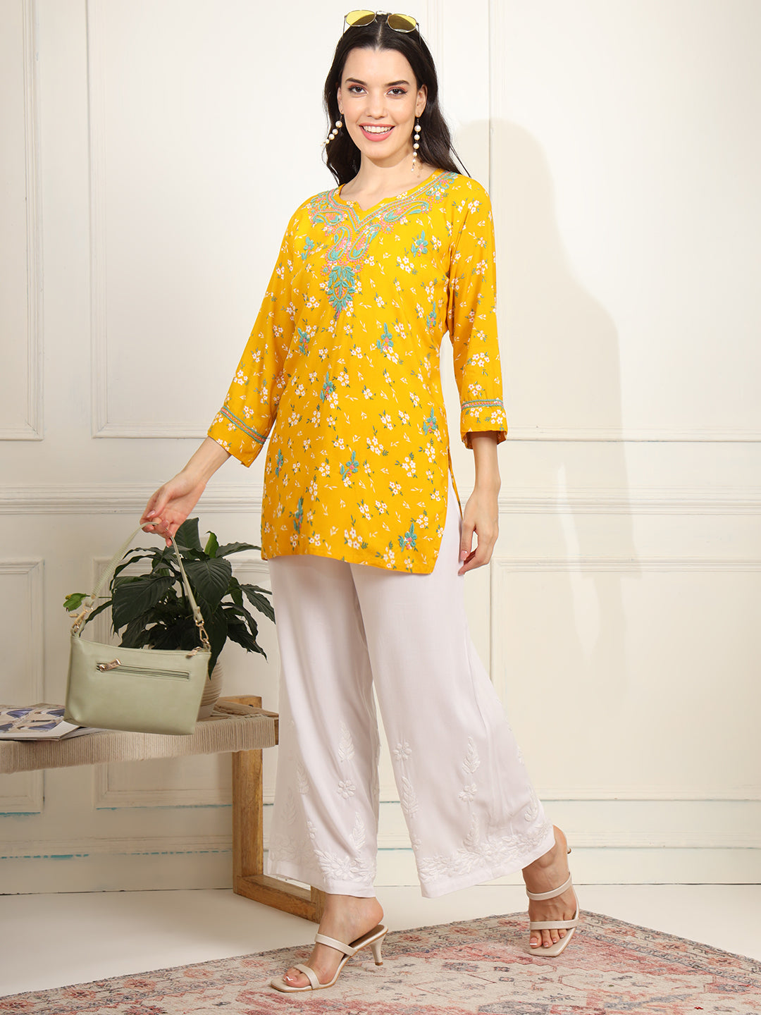 Women's Yellow Color Viscose Cotton Kurta With Multi Color Thread Embroidery