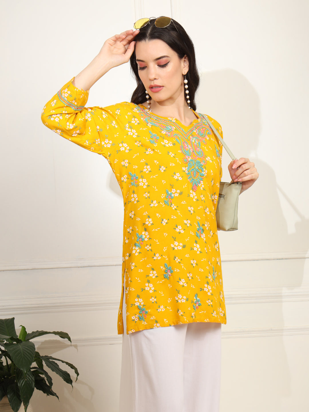 Women's Yellow Color Viscose Cotton Kurta With Multi Color Thread Embroidery