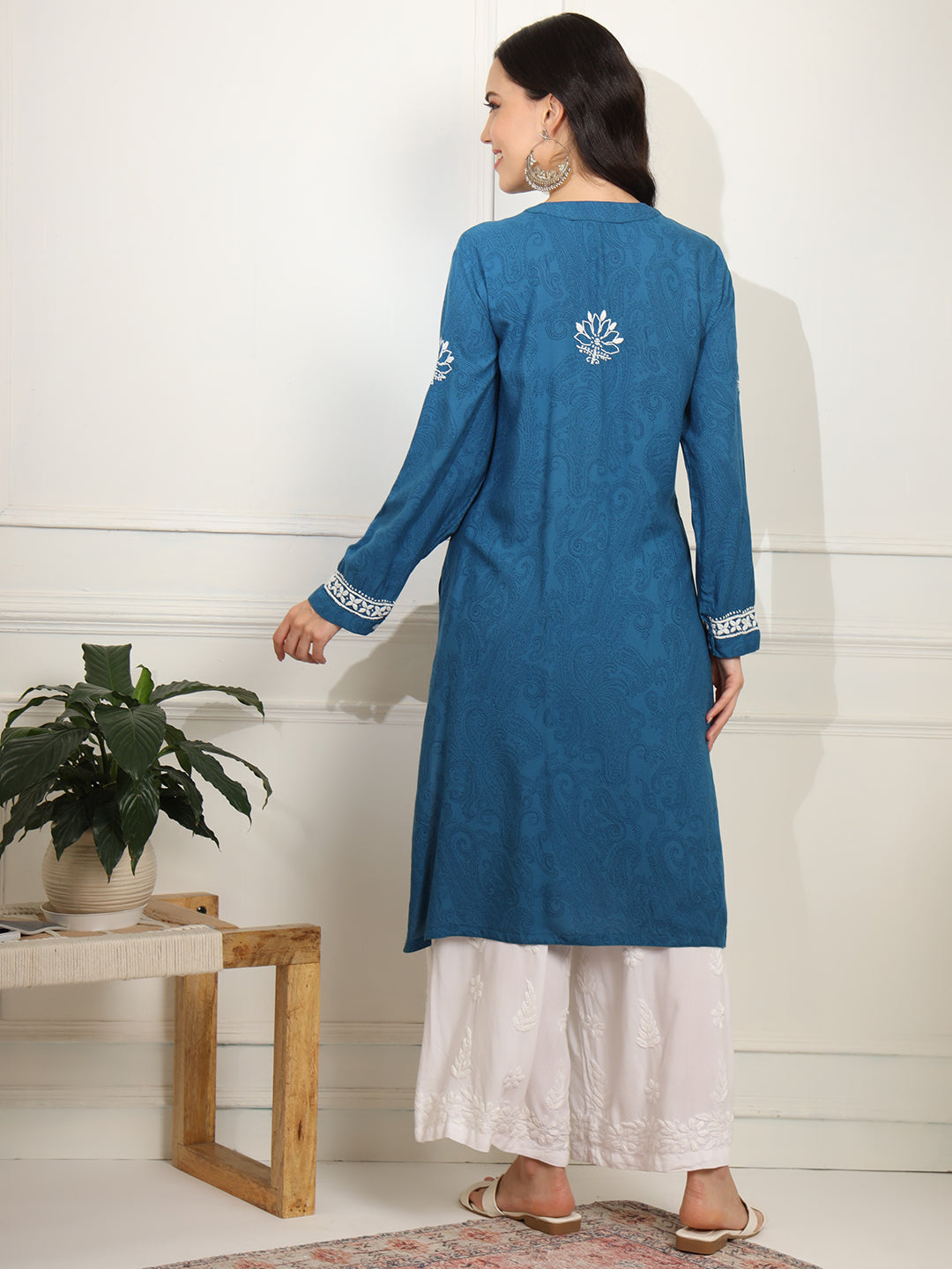 Women's Chikankari Embroidery Blue Rayon Kurta