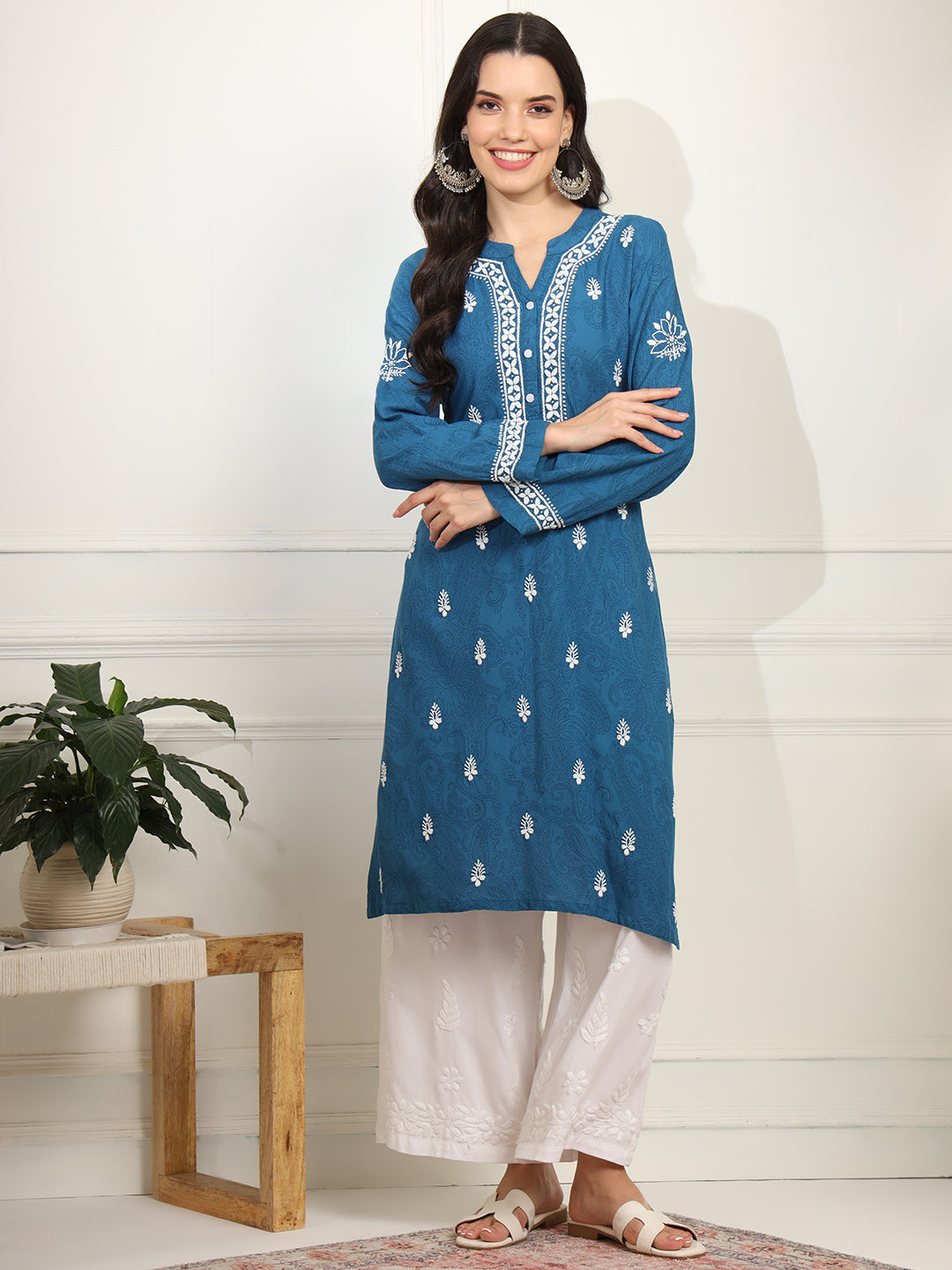 Women's Chikankari Embroidery Blue Rayon Kurta