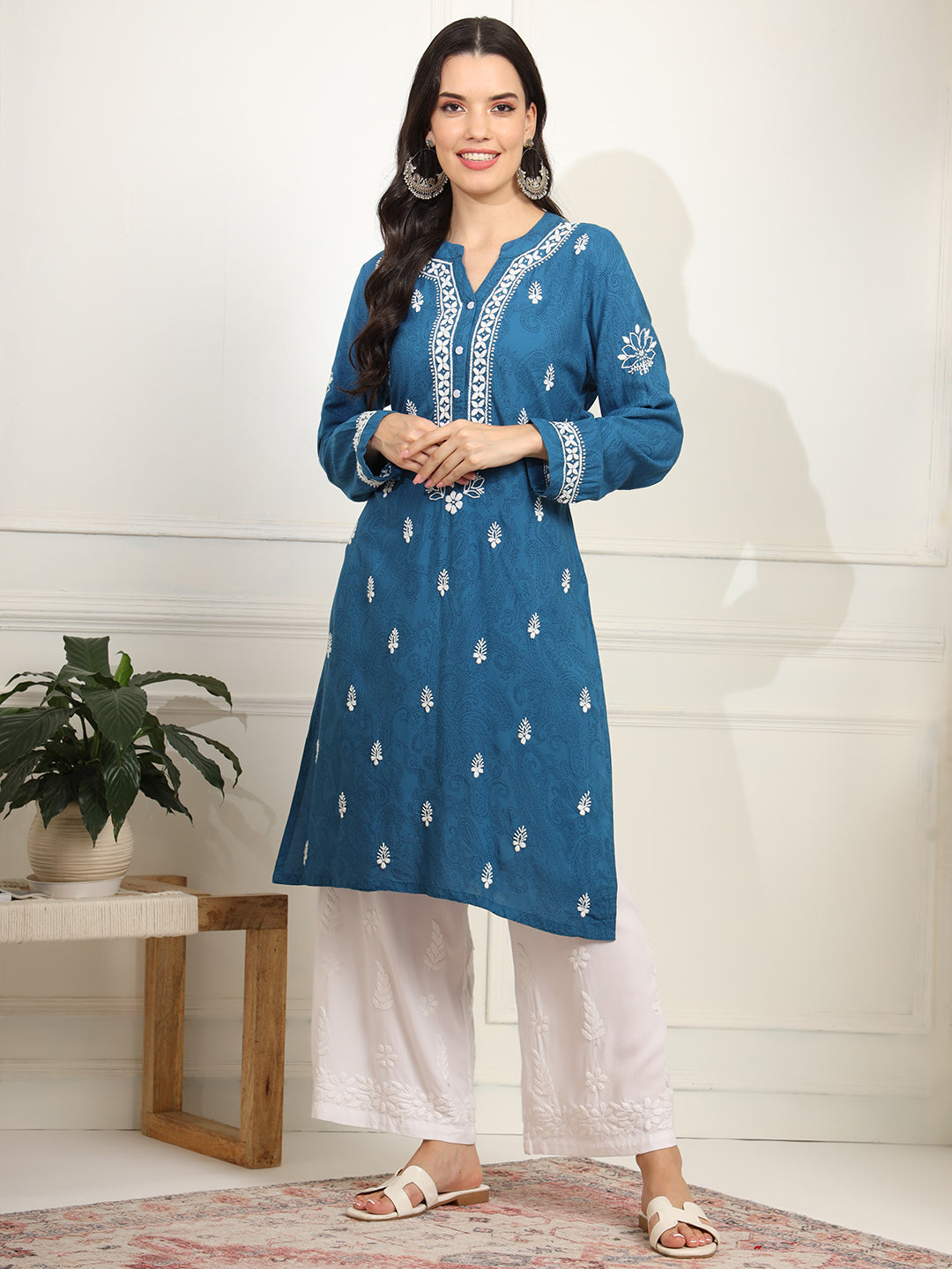 Women's Chikankari Embroidery Blue Rayon Kurta