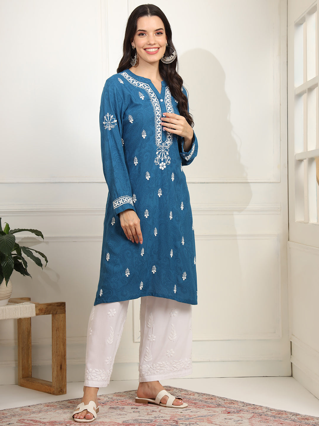 Women's Chikankari Embroidery Blue Rayon Kurta