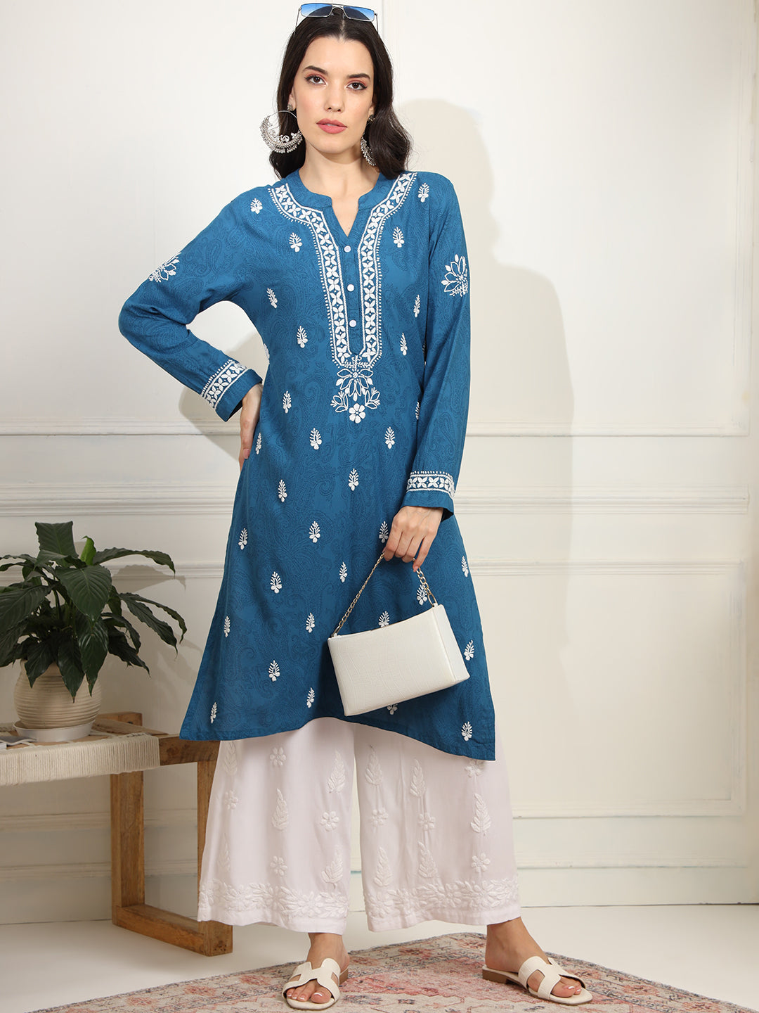 Women's Chikankari Embroidery Blue Rayon Kurta