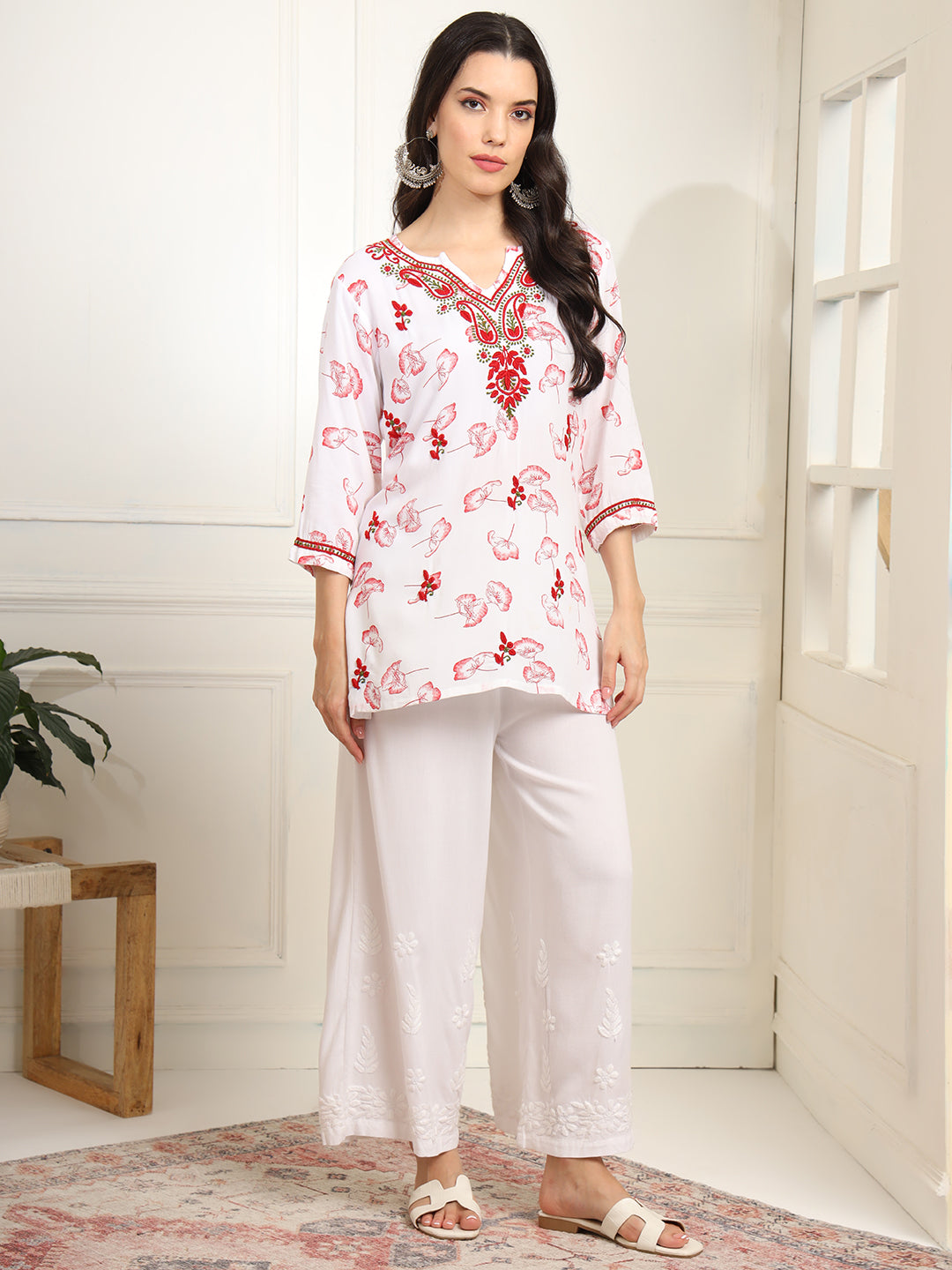 Women's Cream Color Viscose Cotton Kurta With Multi Color Thread Embroidery