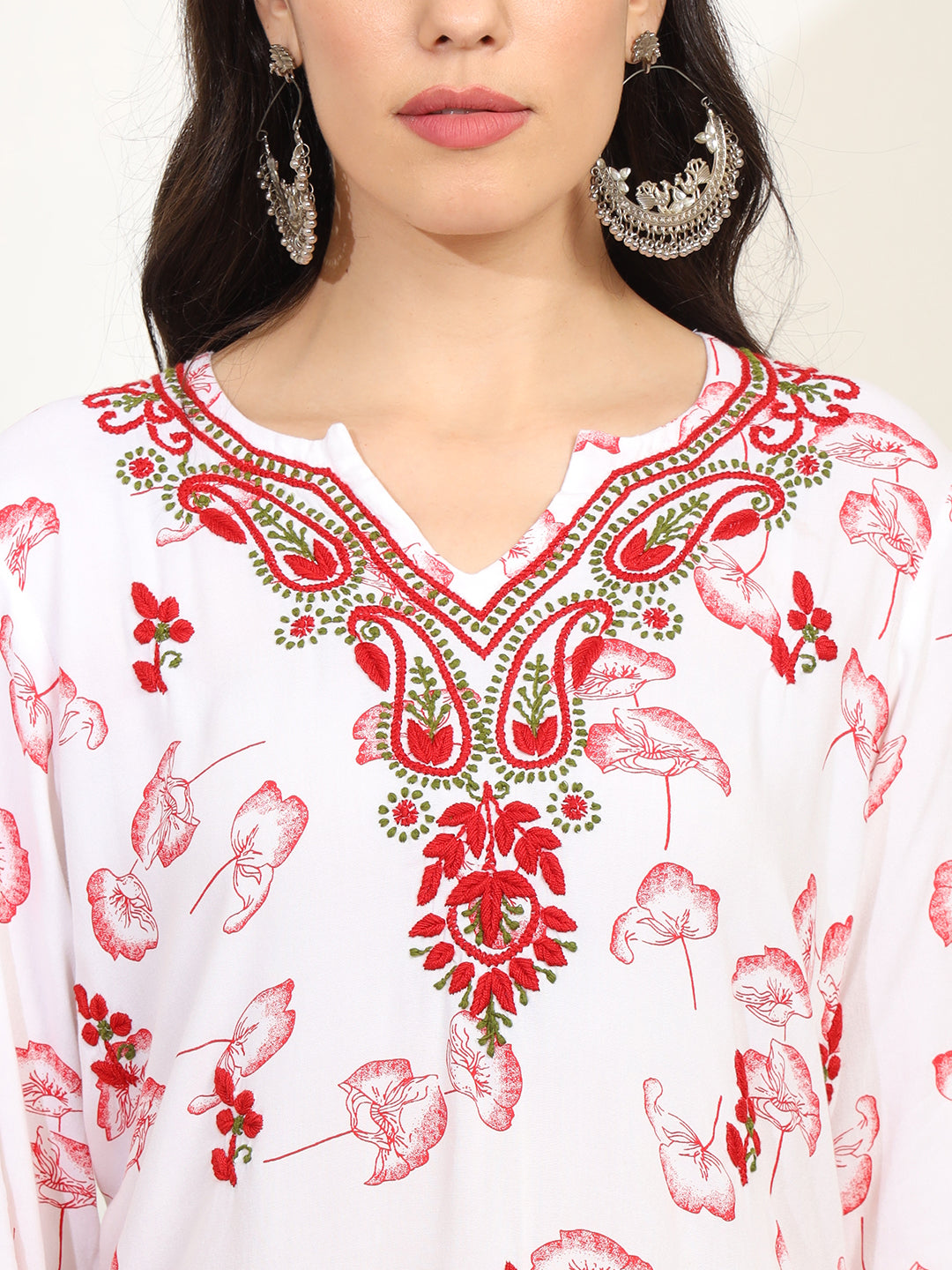 Women's Cream Color Viscose Cotton Kurta With Multi Color Thread Embroidery