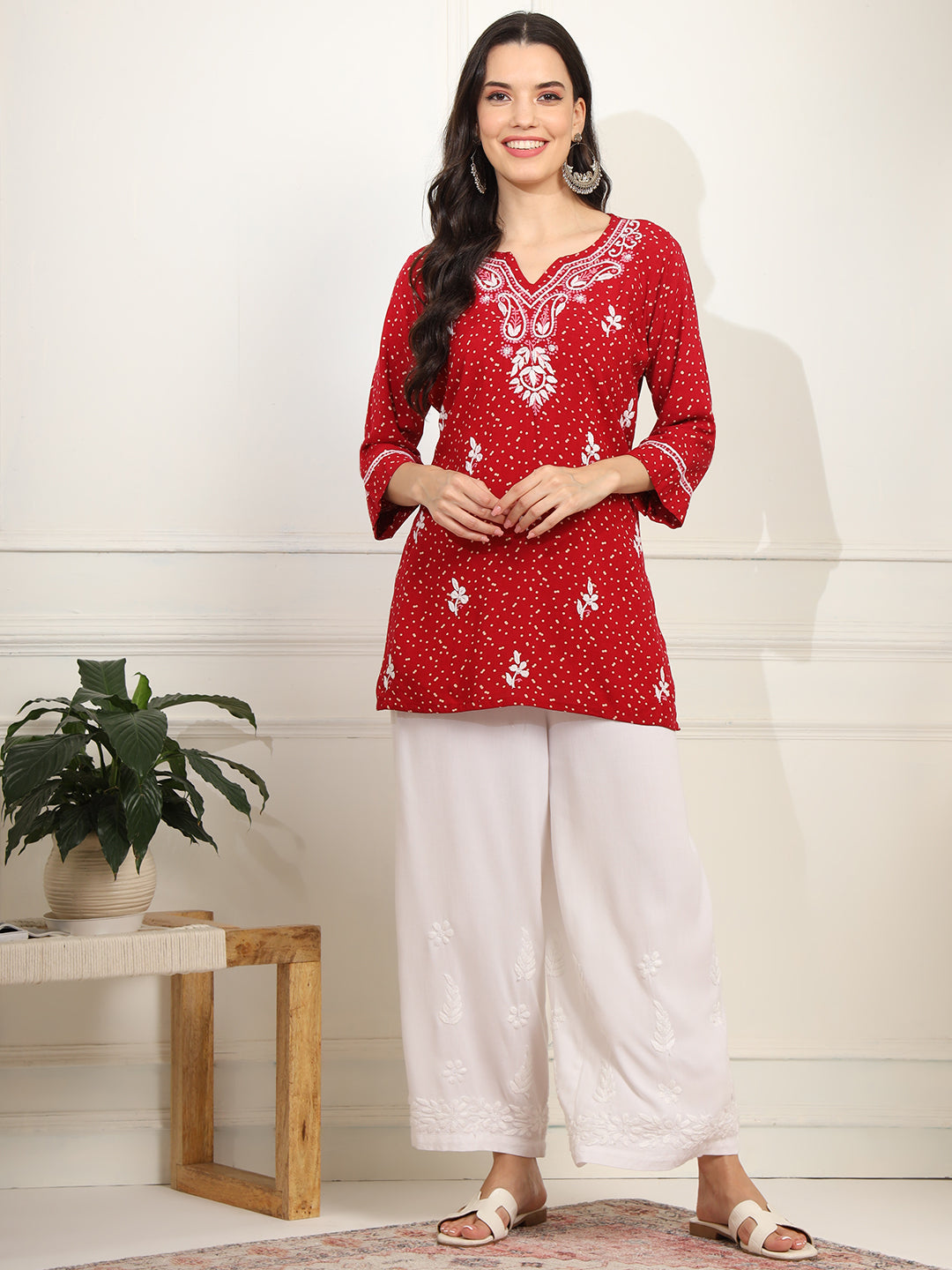 Women's Red Color Viscose Cotton Kurta With Multi Color Thread Embroidery