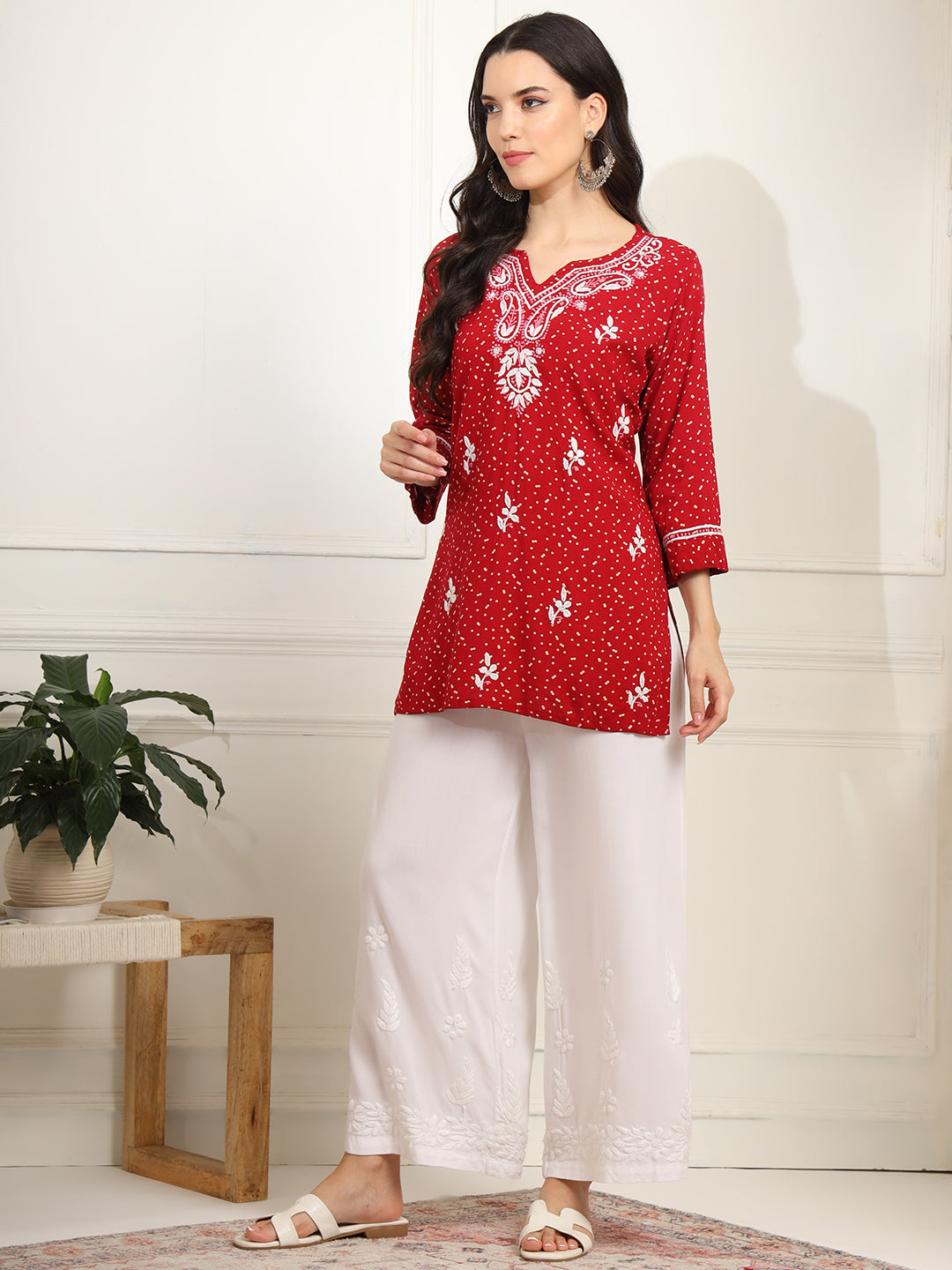 Women's Red Color Viscose Cotton Kurta With Multi Color Thread Embroidery