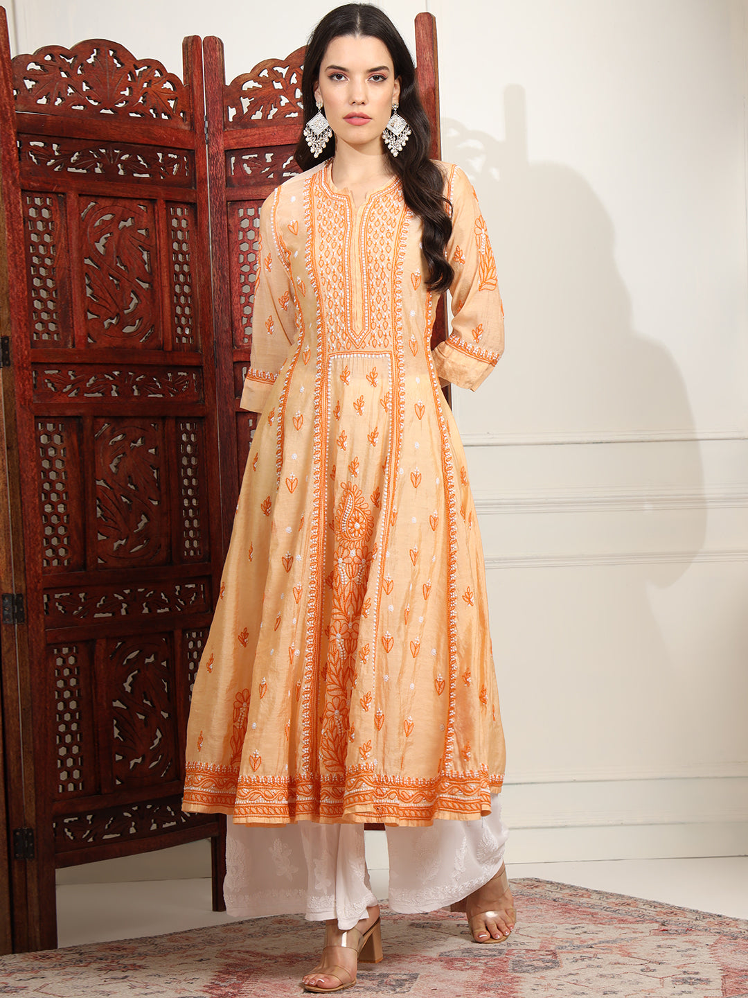 Women's Chikankari Premium Chanderi Orange Kalidar Kurta Set
