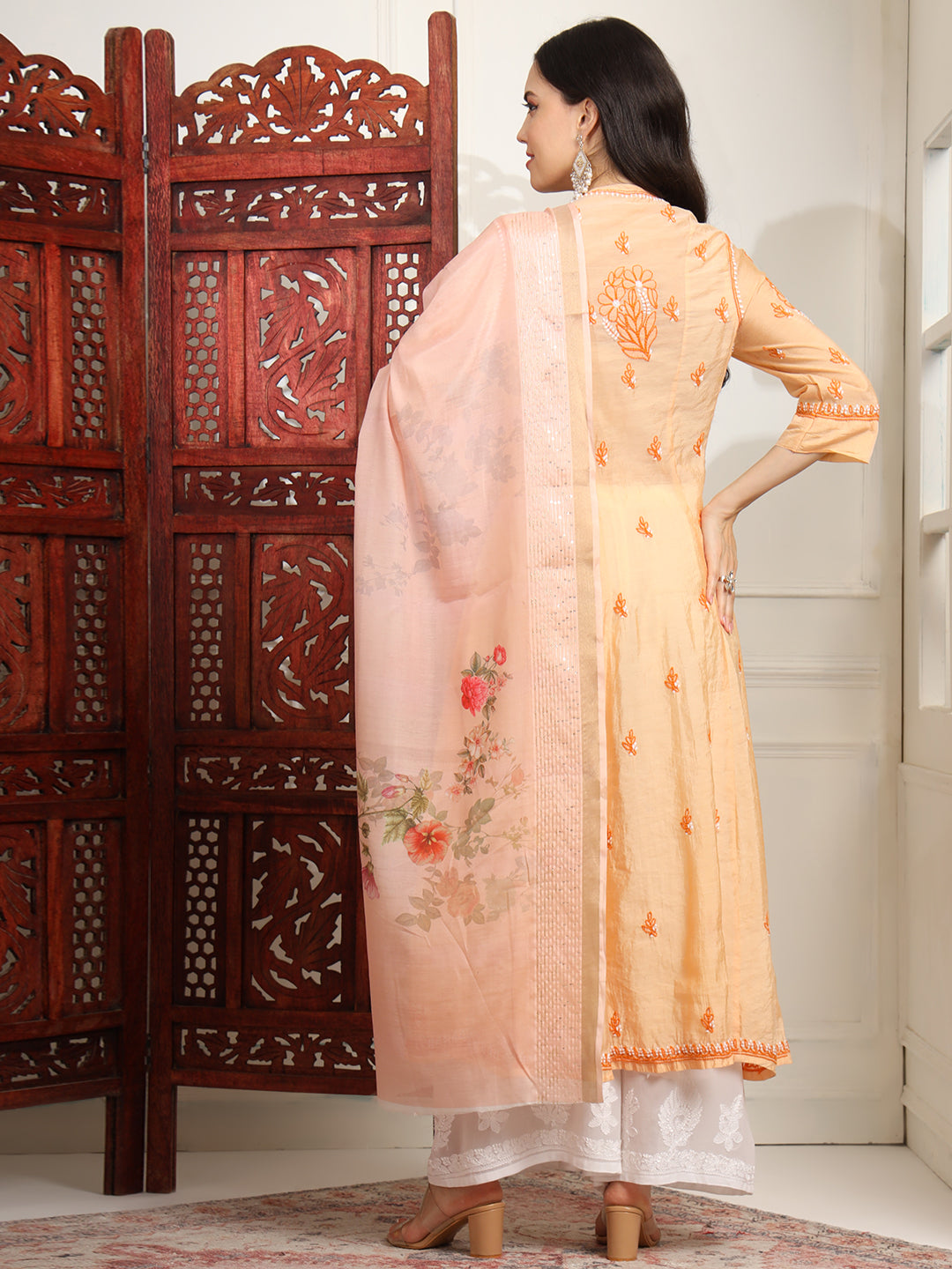 Women's Chikankari Premium Chanderi Orange Kalidar Kurta Set