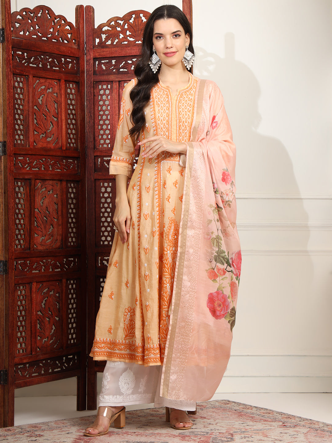 Women's Chikankari Premium Chanderi Orange Kalidar Kurta Set