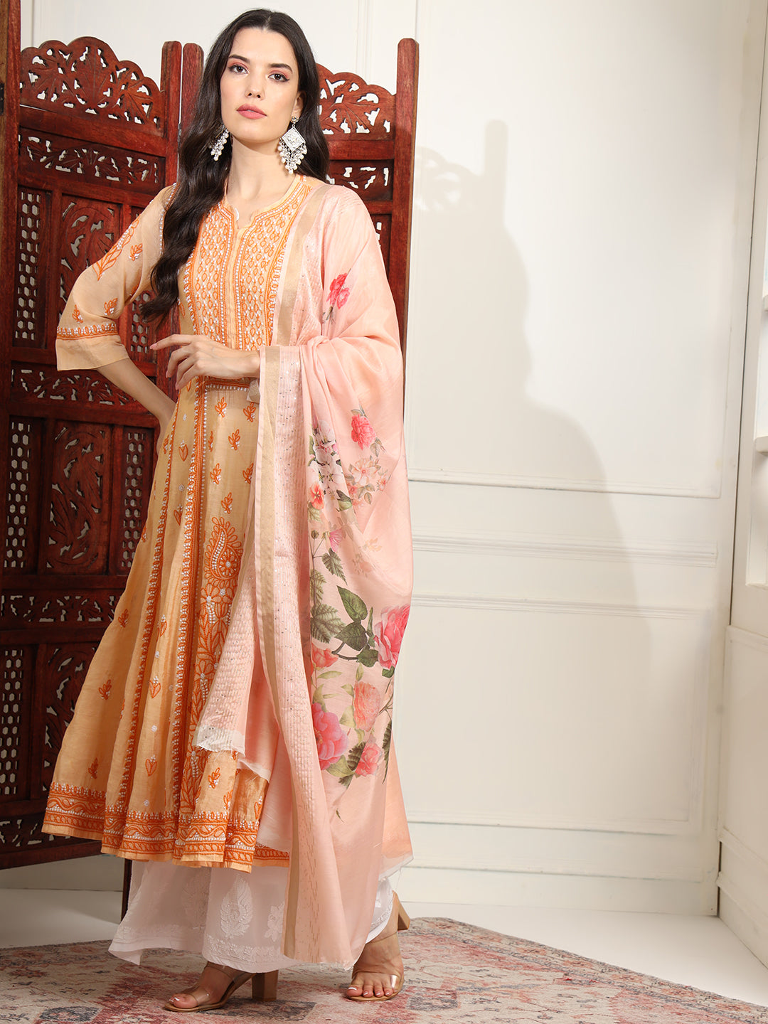 Women's Chikankari Premium Chanderi Orange Kalidar Kurta Set